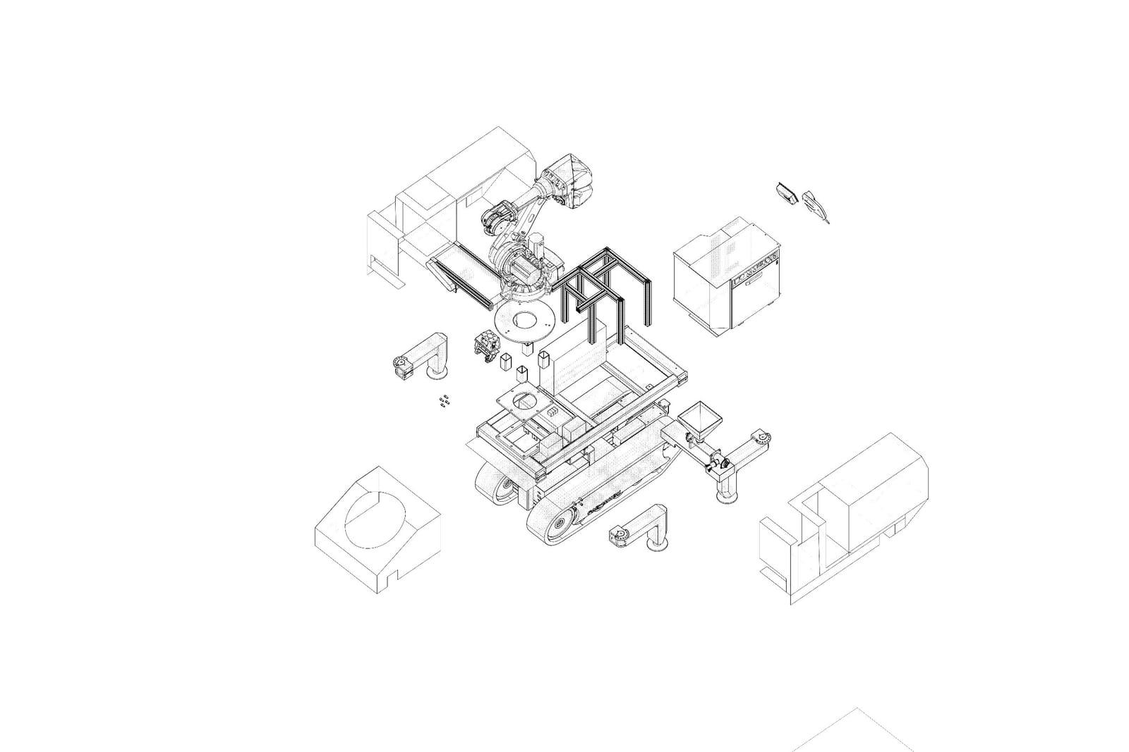 Exploded view of the FURobot robotic brick construction system