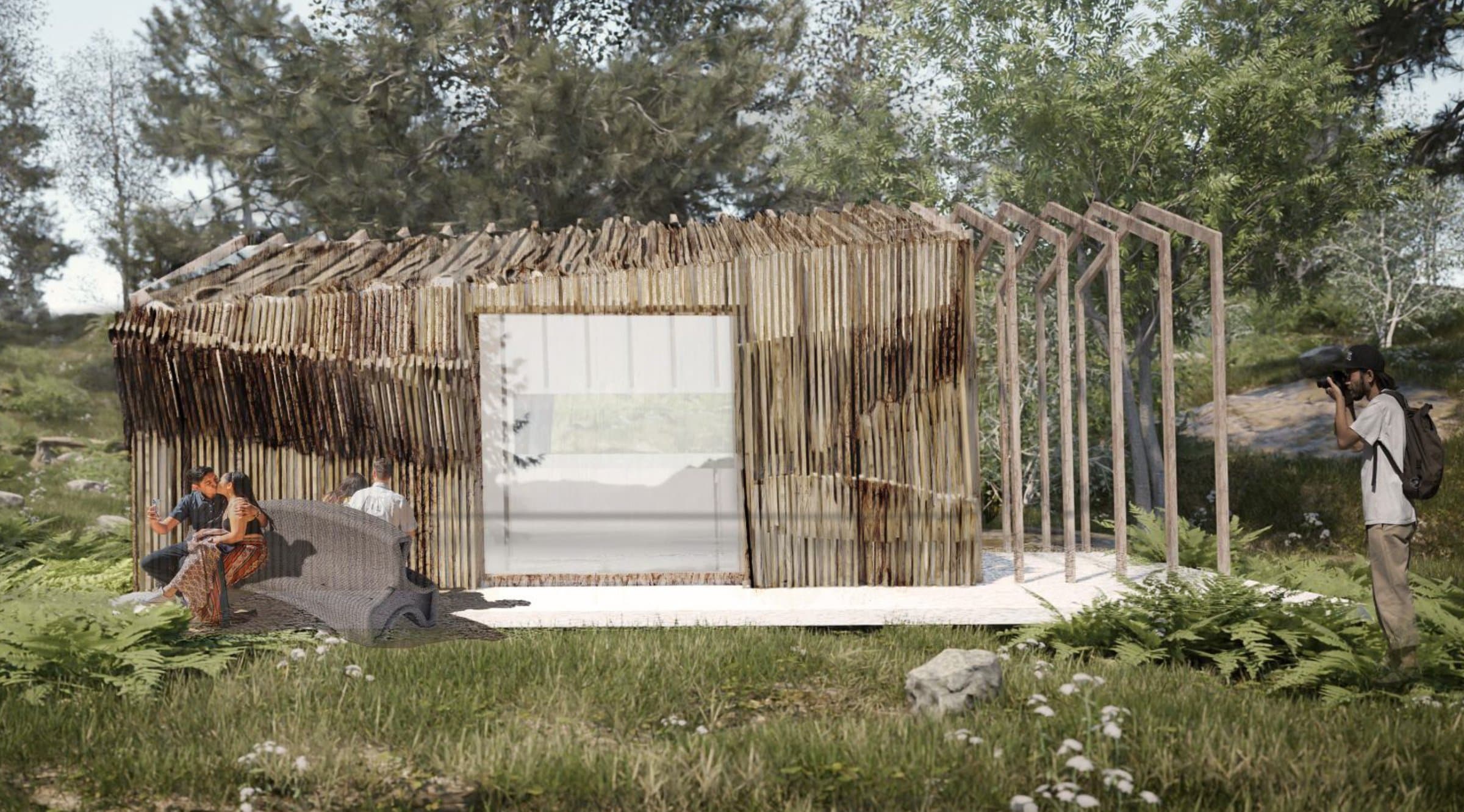 Tiny-home pavilion clad in raw-edge timber slabs in a forest clearing