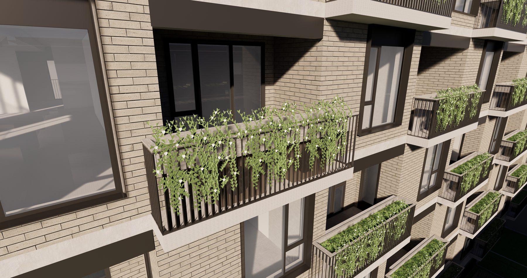 Balcony detail with integrated planter boxes