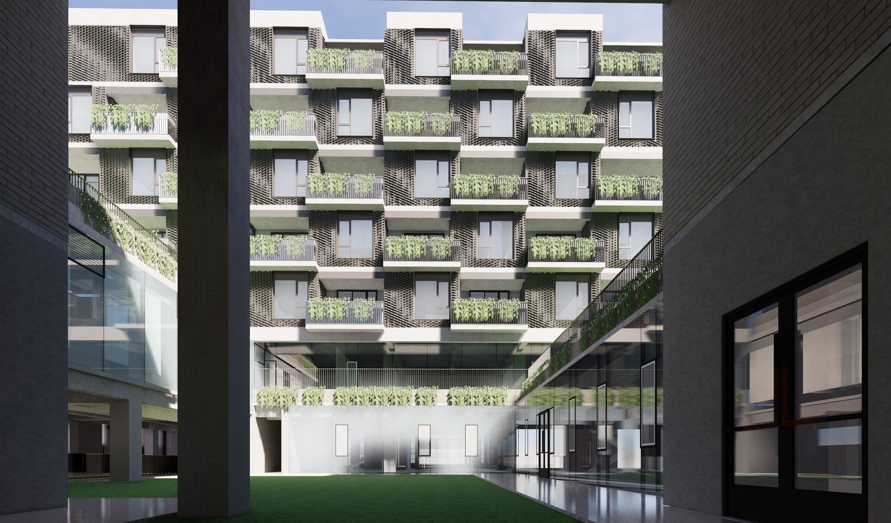 South elevation study — sine-curve interference pattern in grey brick