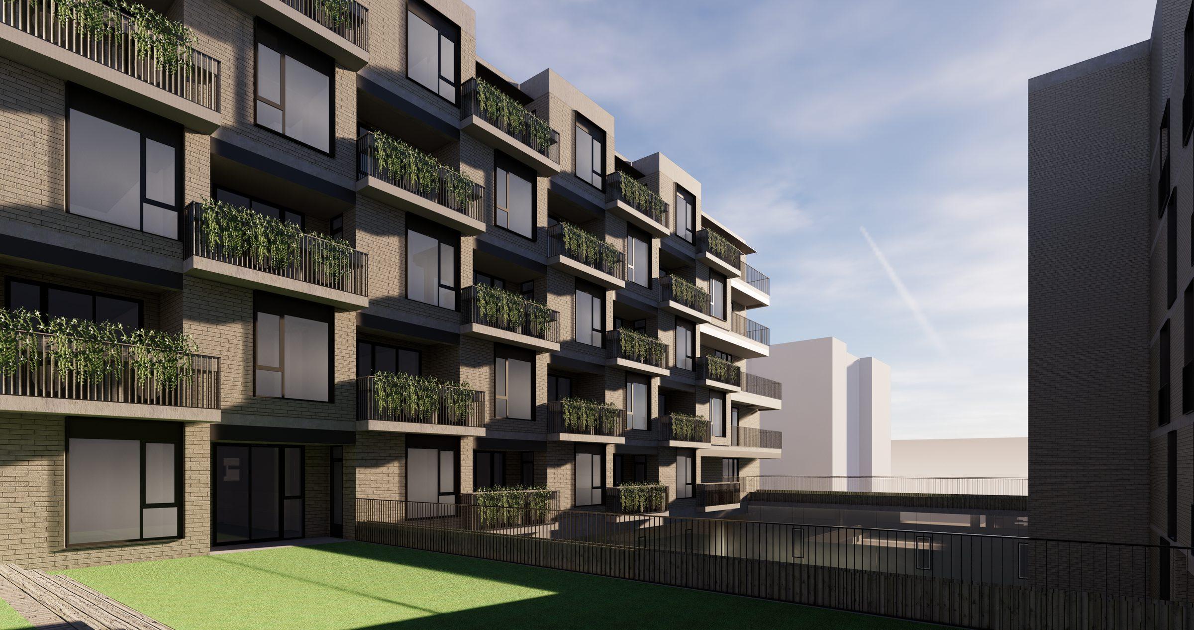 Inner courtyard of the elderly care home with staggered balconies and planted parapets