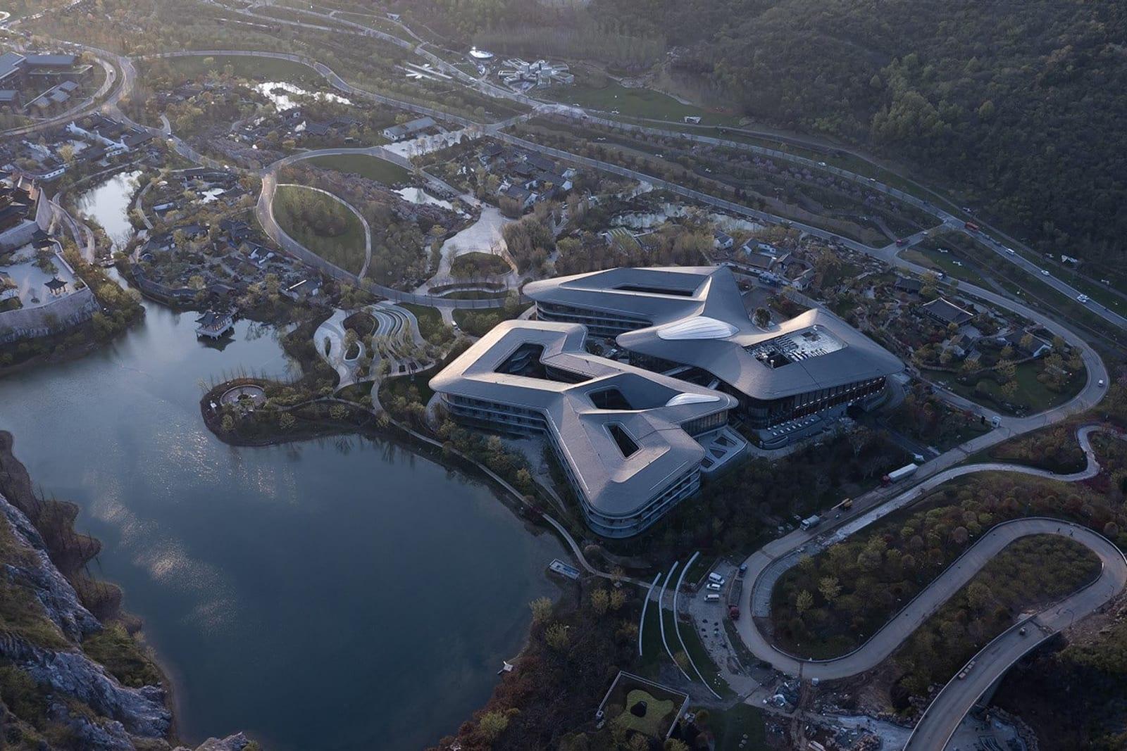 Aerial view of the Radisson Collection Resort winding through the Nanjing Garden Expo quarry landscape
