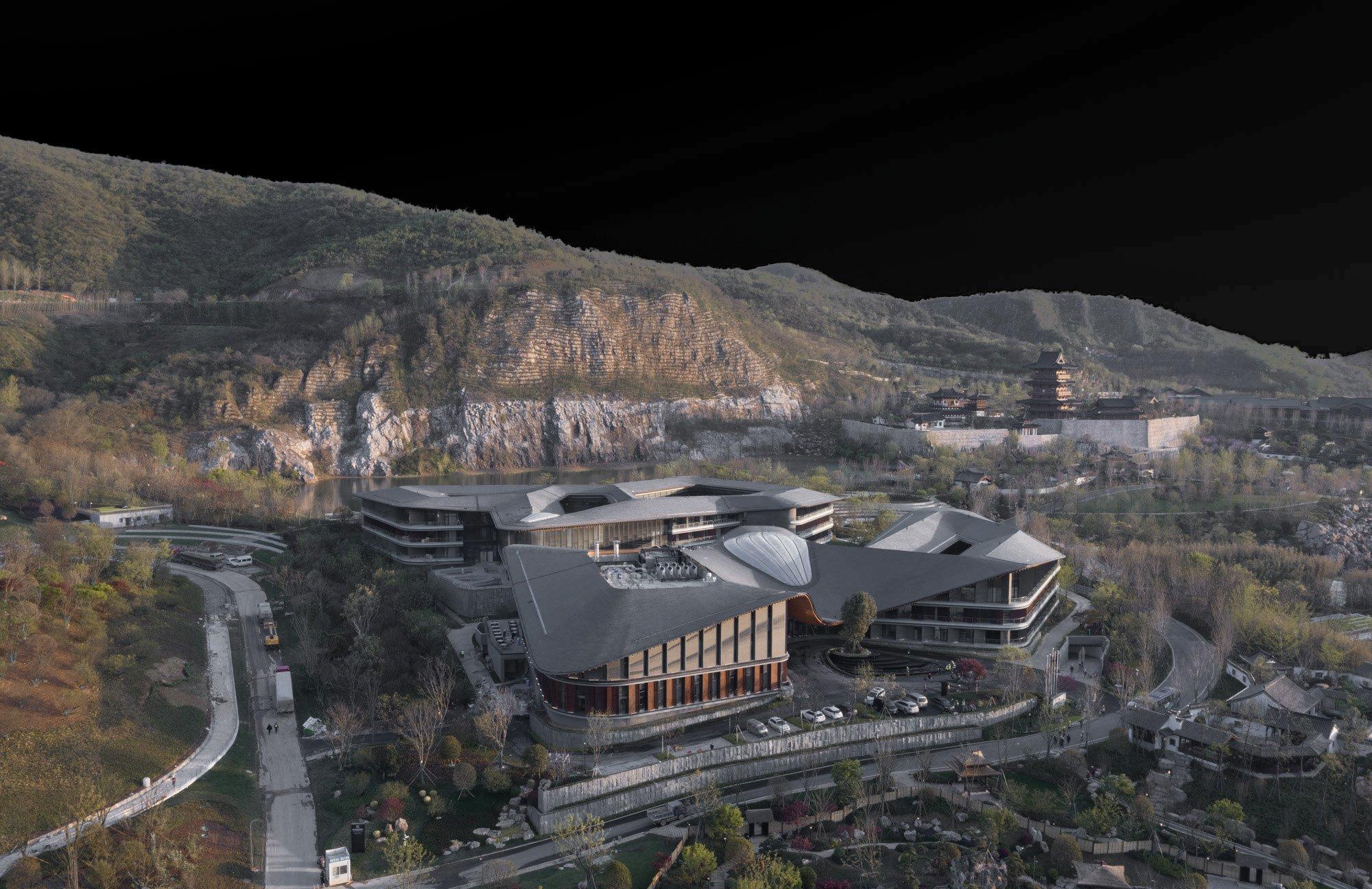 Site aerial of the resort and its terraced landscape