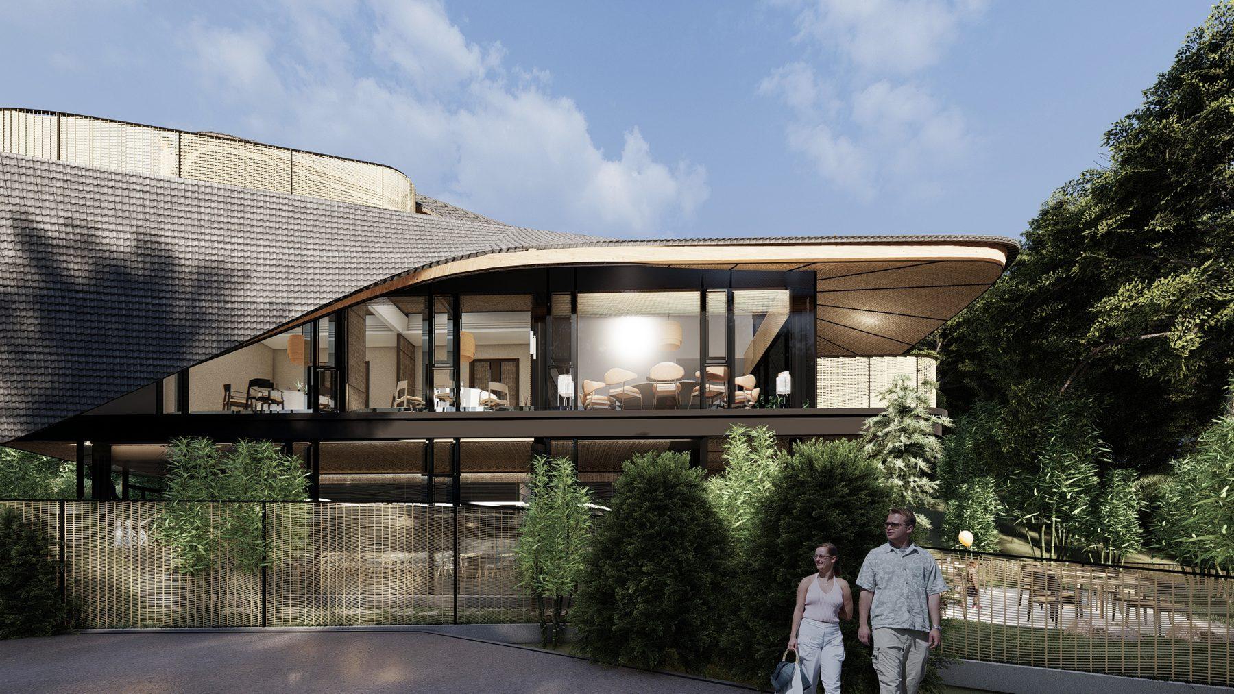 Dining pavilion exterior — curved roof and woven timber skin along the approach