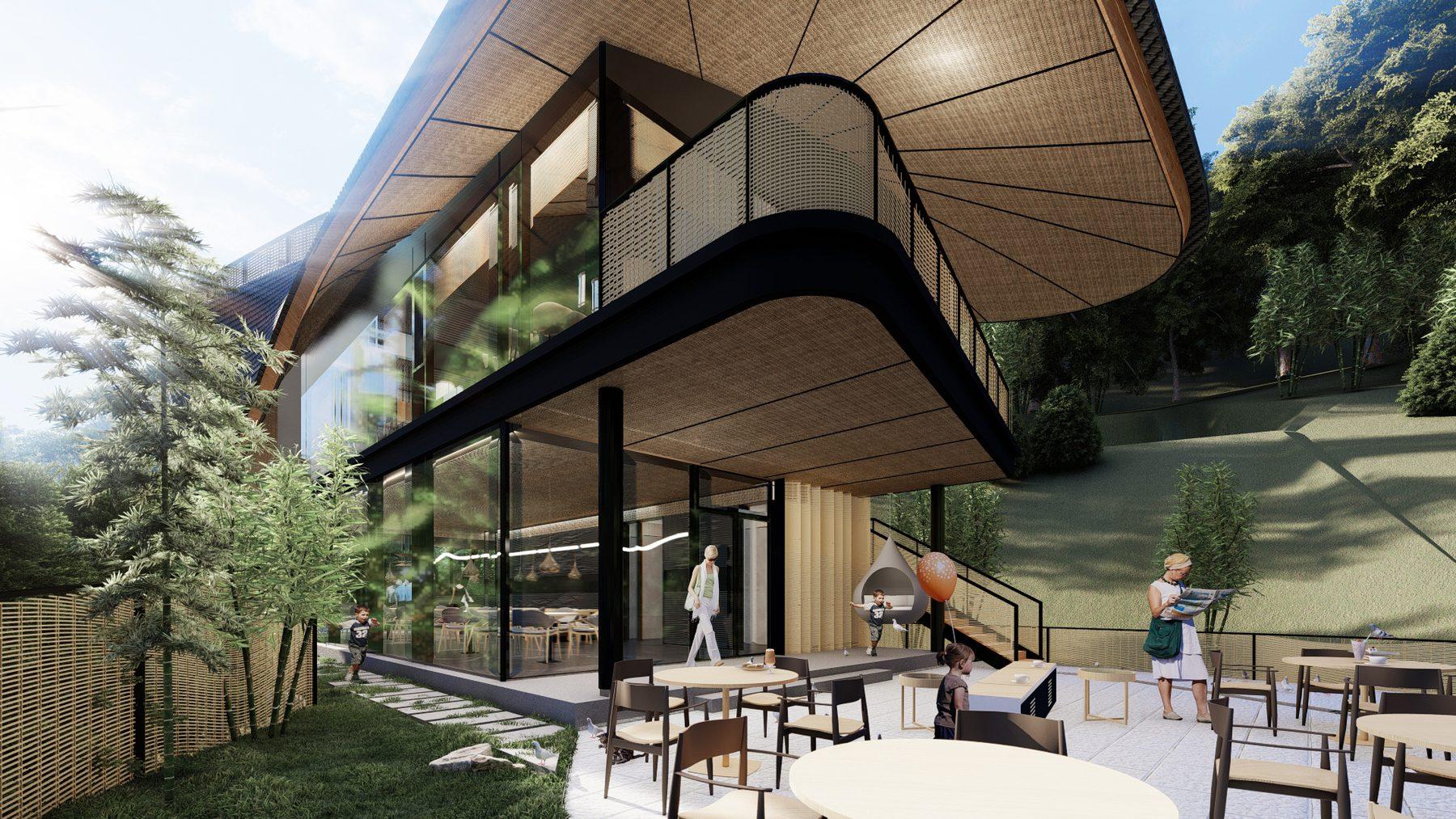 Covered terrace dining beneath the sweeping woven eave