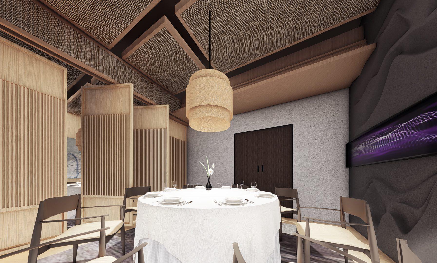 Private dining room screened by timber lattice