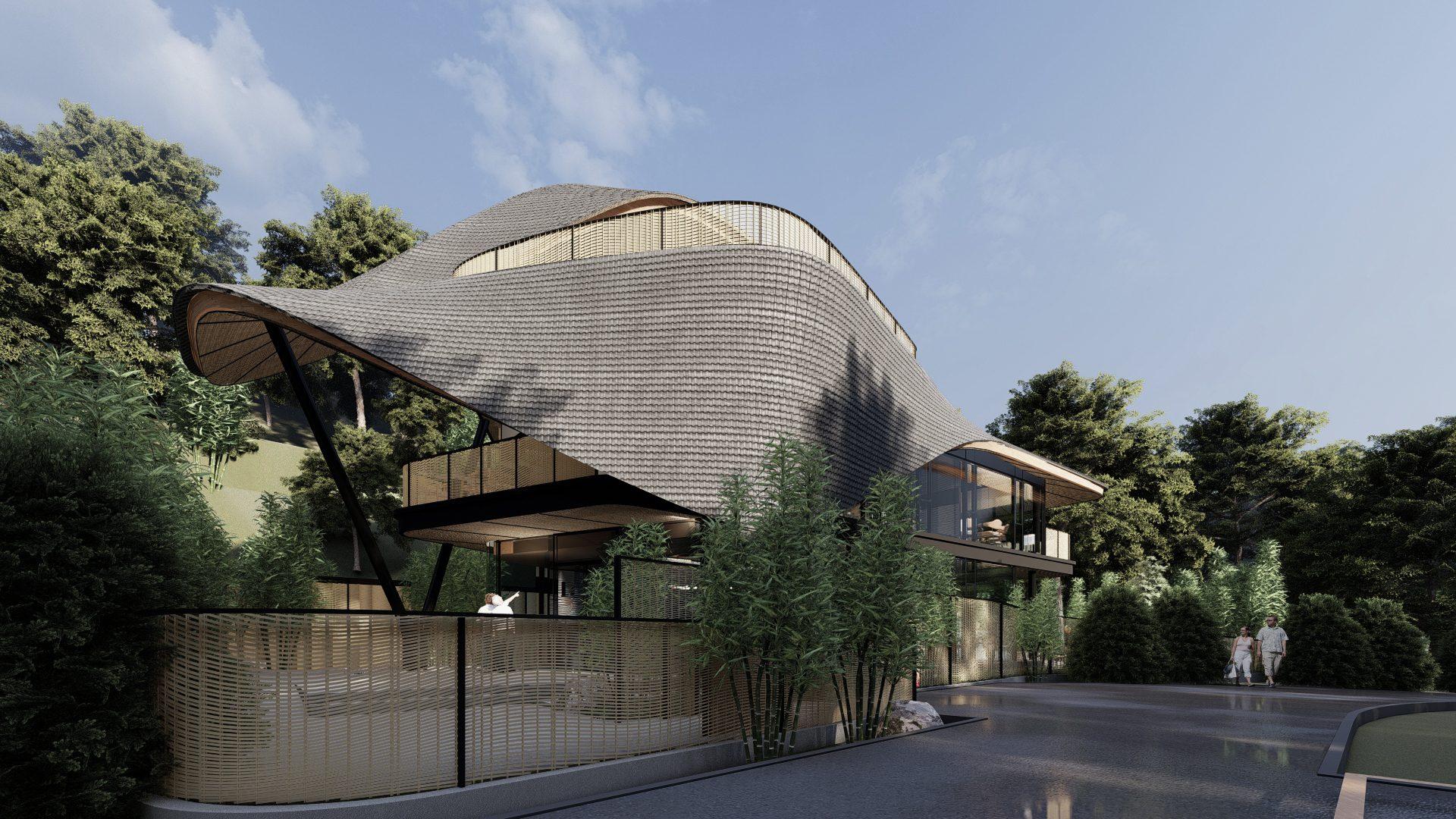 Domed woven-timber pavilion rising above bamboo groves at Tianfu Agricultural Expo Park