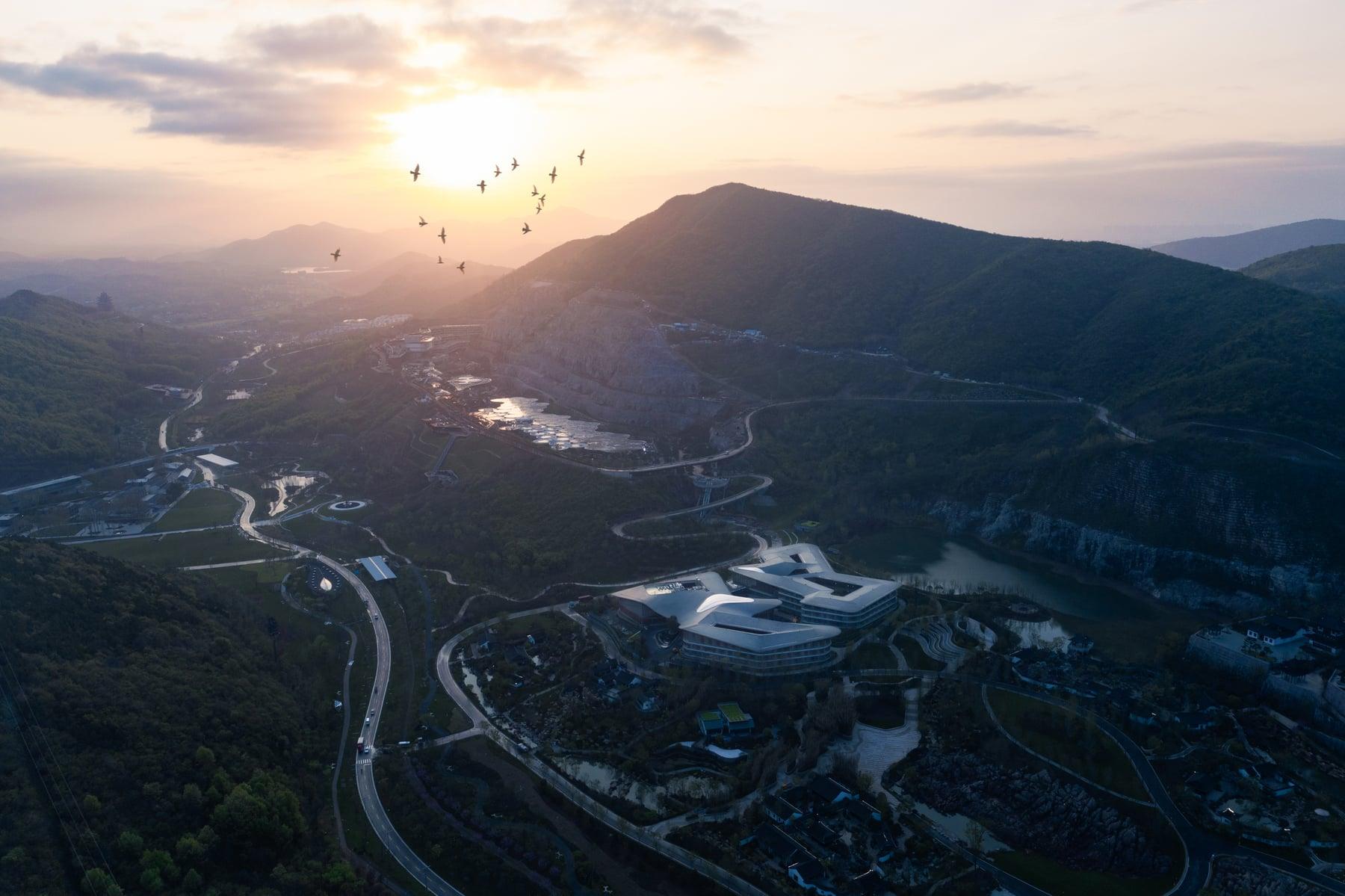 Sunset aerial of a mountain resort