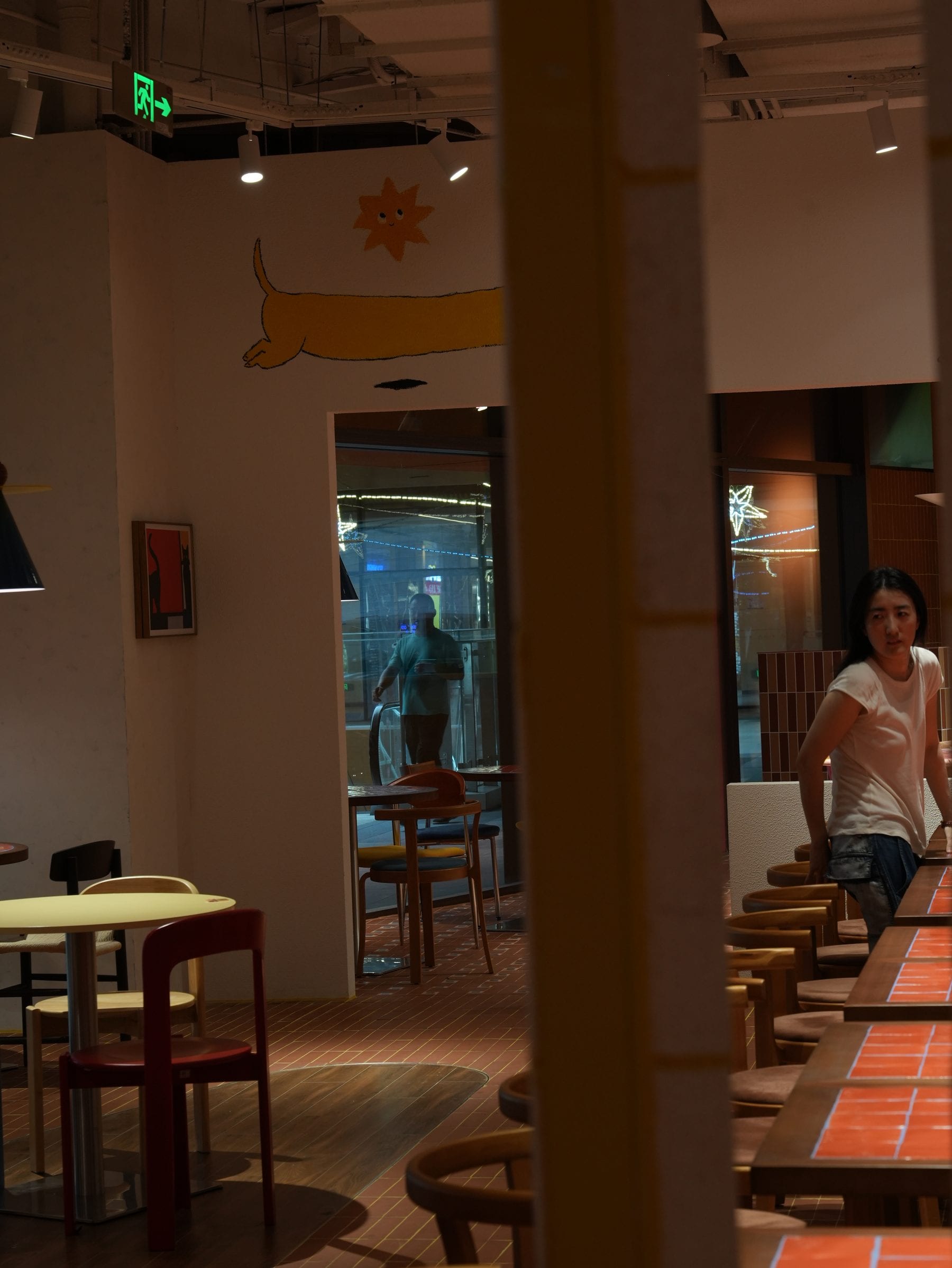 Dining hall with exposed brick piers