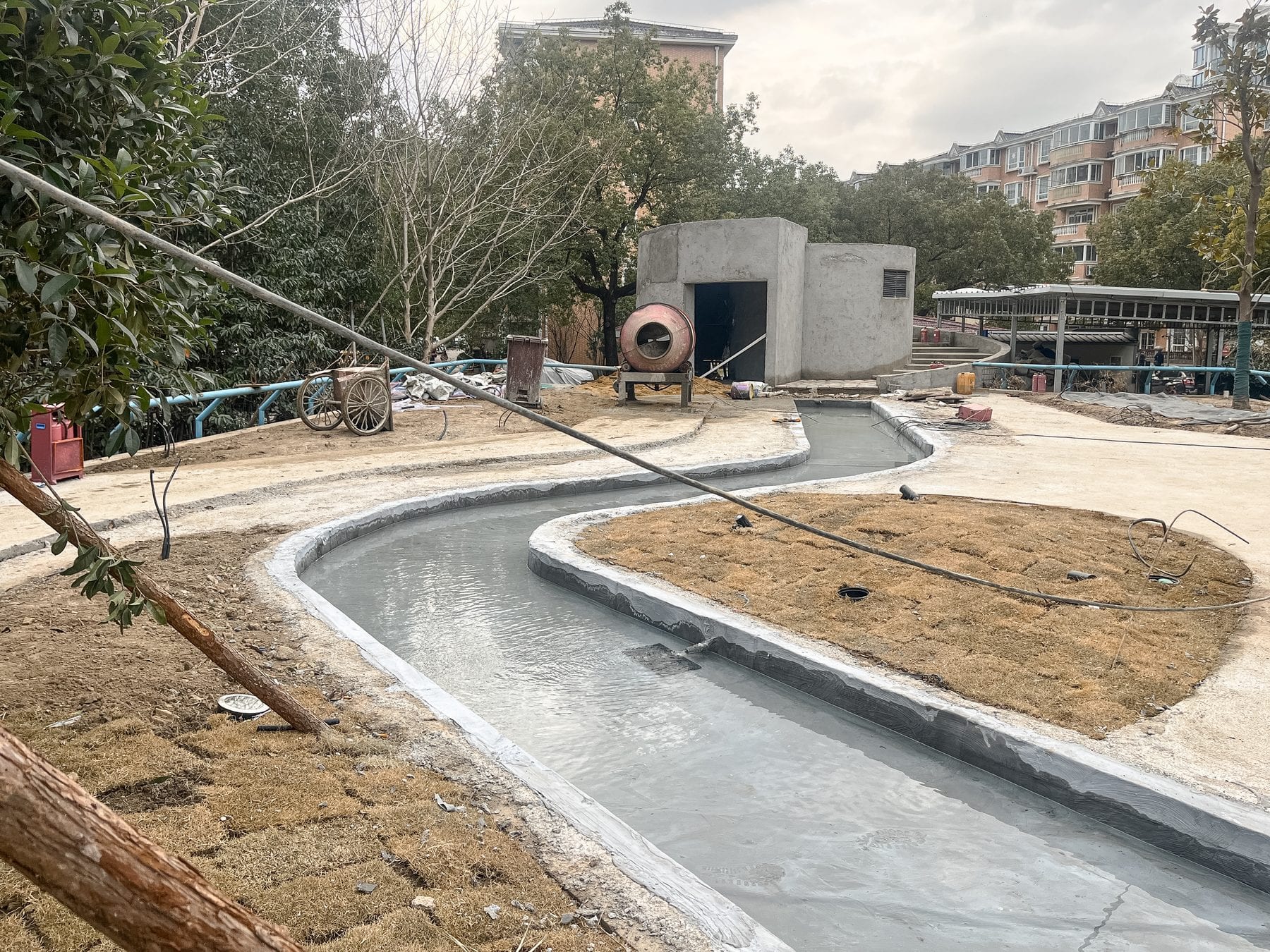 The curved water channel under construction