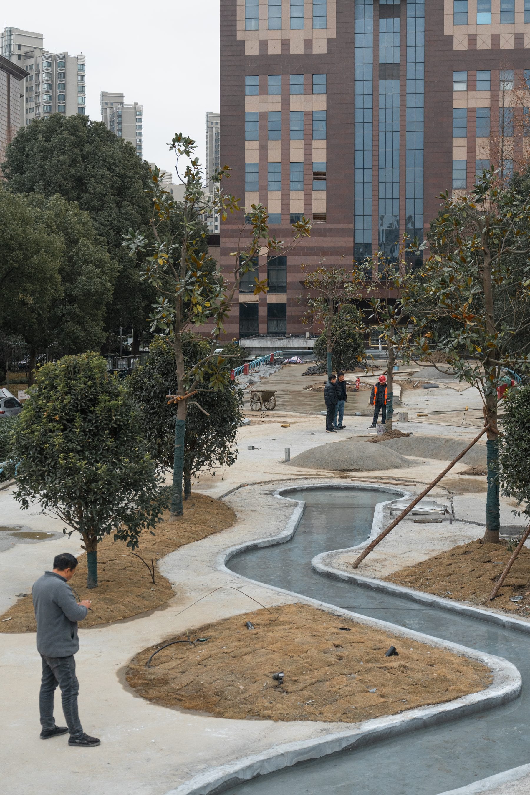 Curved paths taking shape across the site