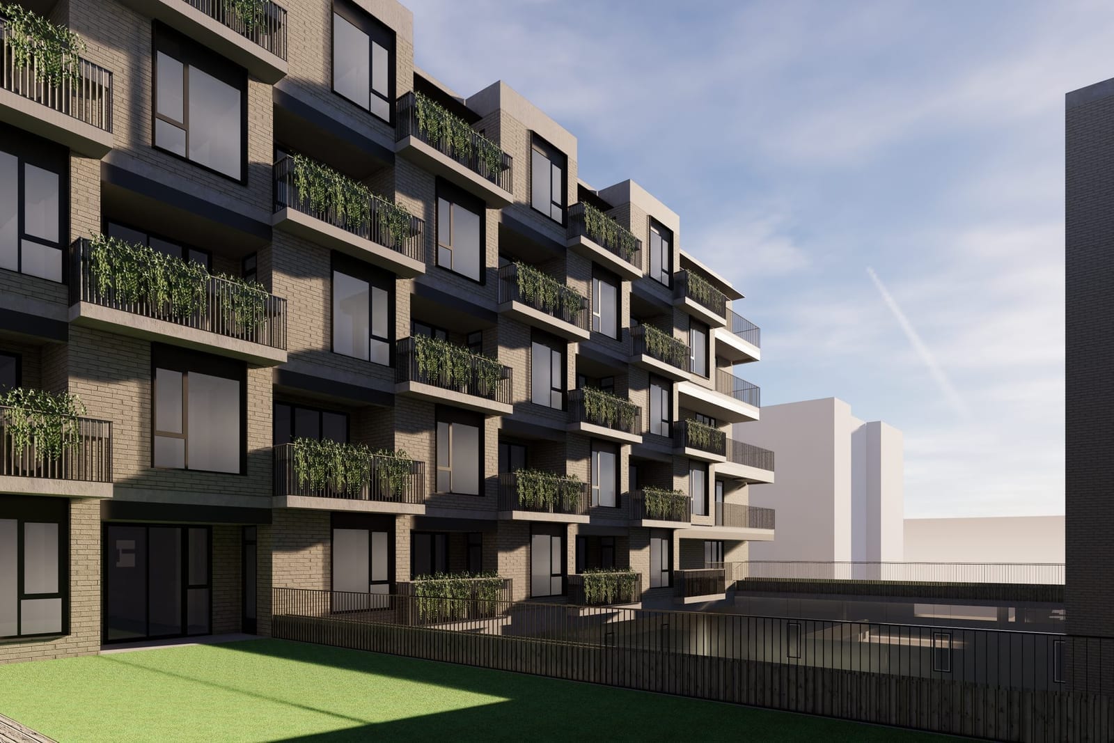 Inner courtyard of the elderly care home with staggered balconies and planted parapets