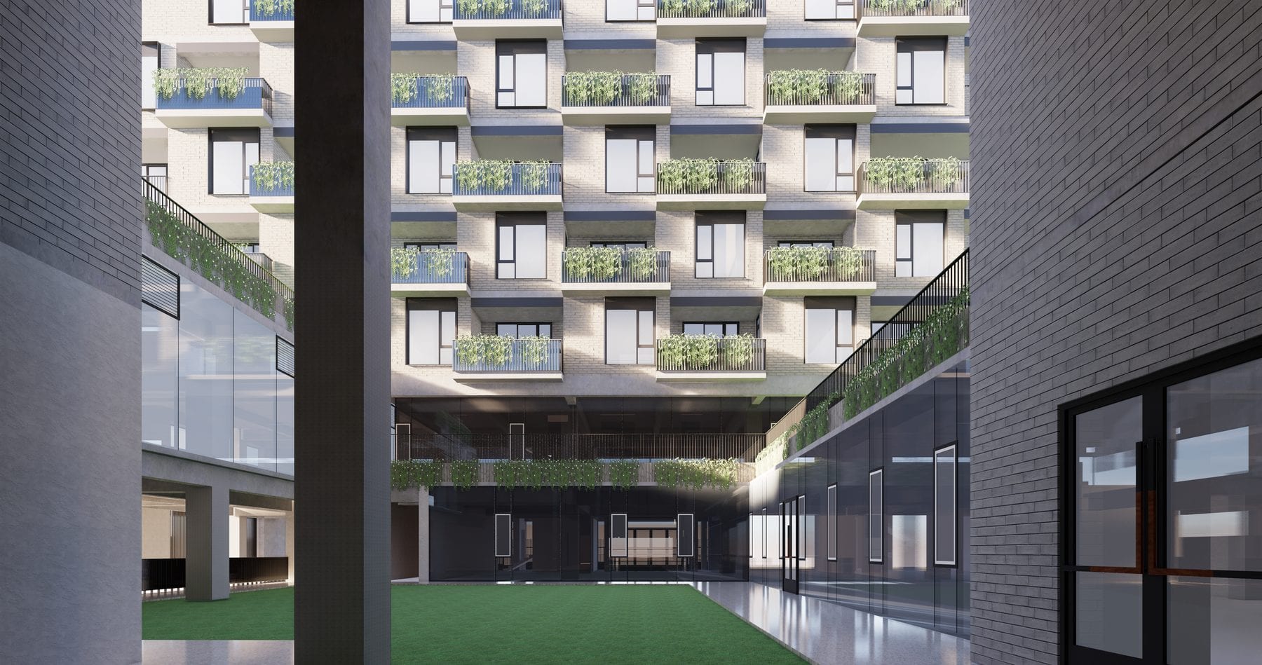 Courtyard water garden facing the staggered balcony elevation