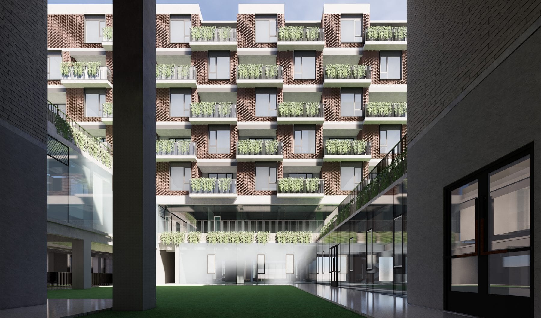 South elevation study — the same sine pattern in red brick