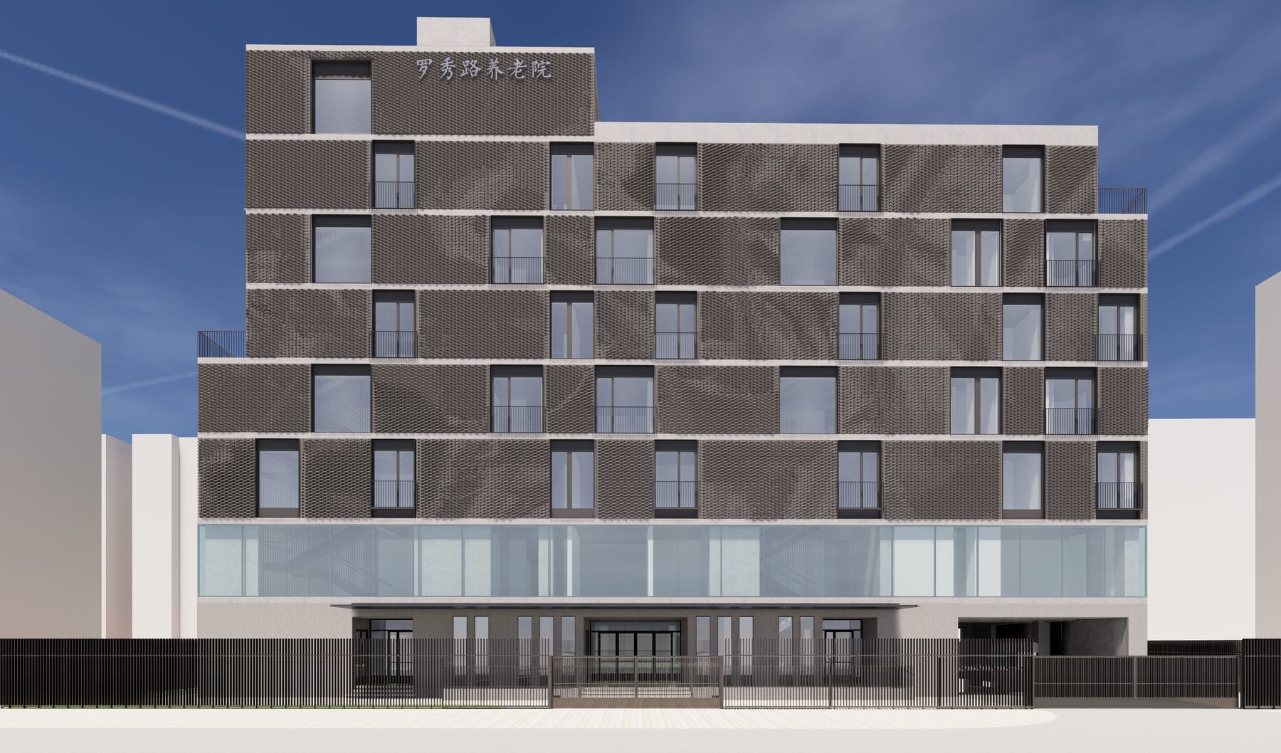Street elevation study — image-driven smoke pattern in grey brick