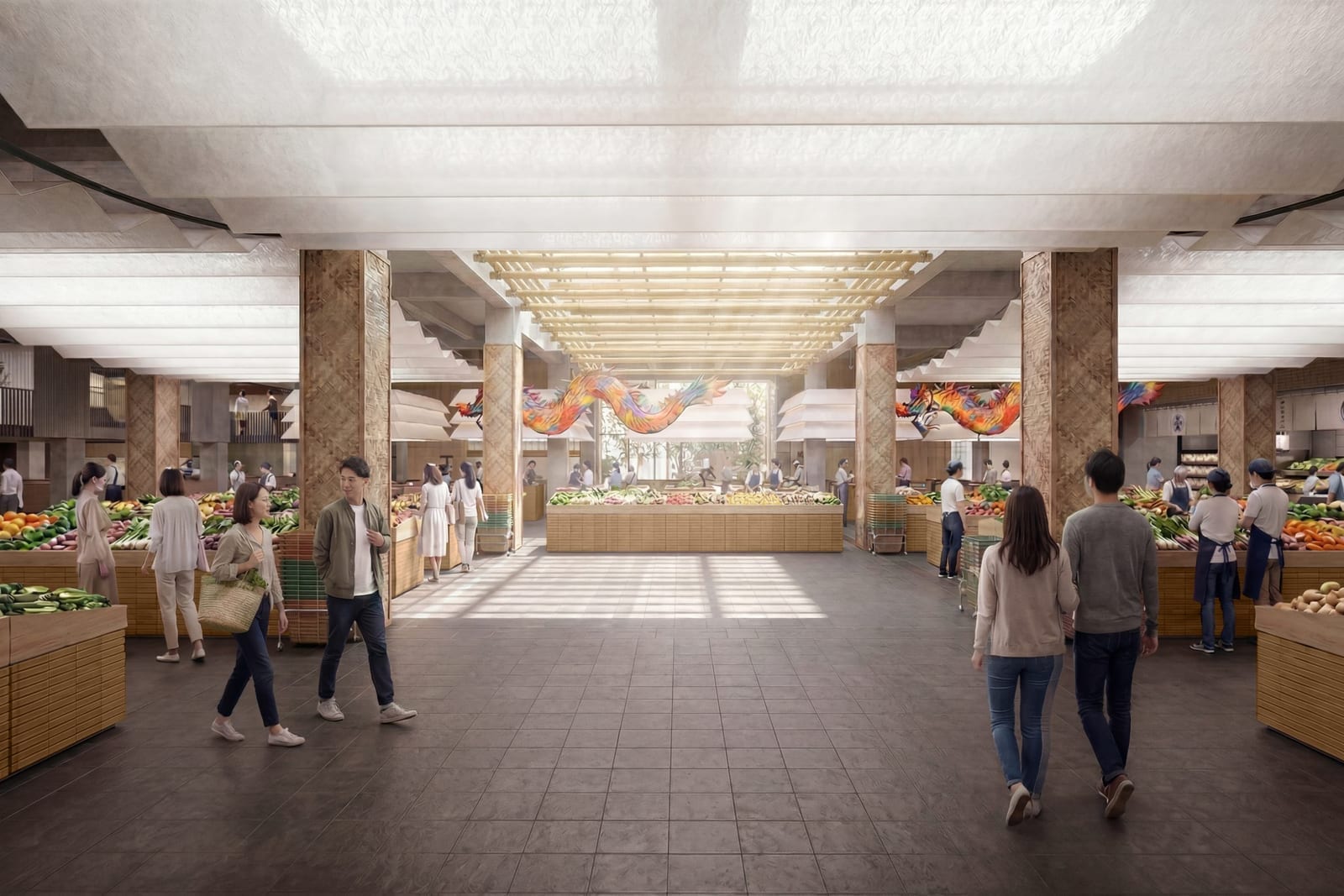 Render of the community market hall with timber stall islands and produce displays