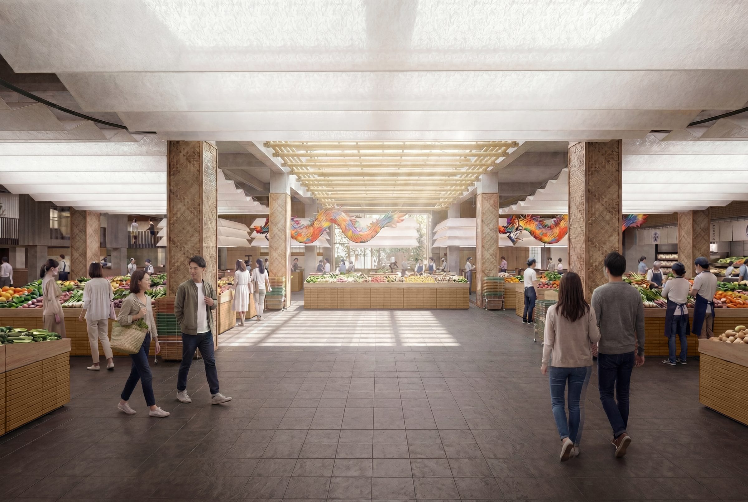 Render of the community market hall with timber stall islands and produce displays