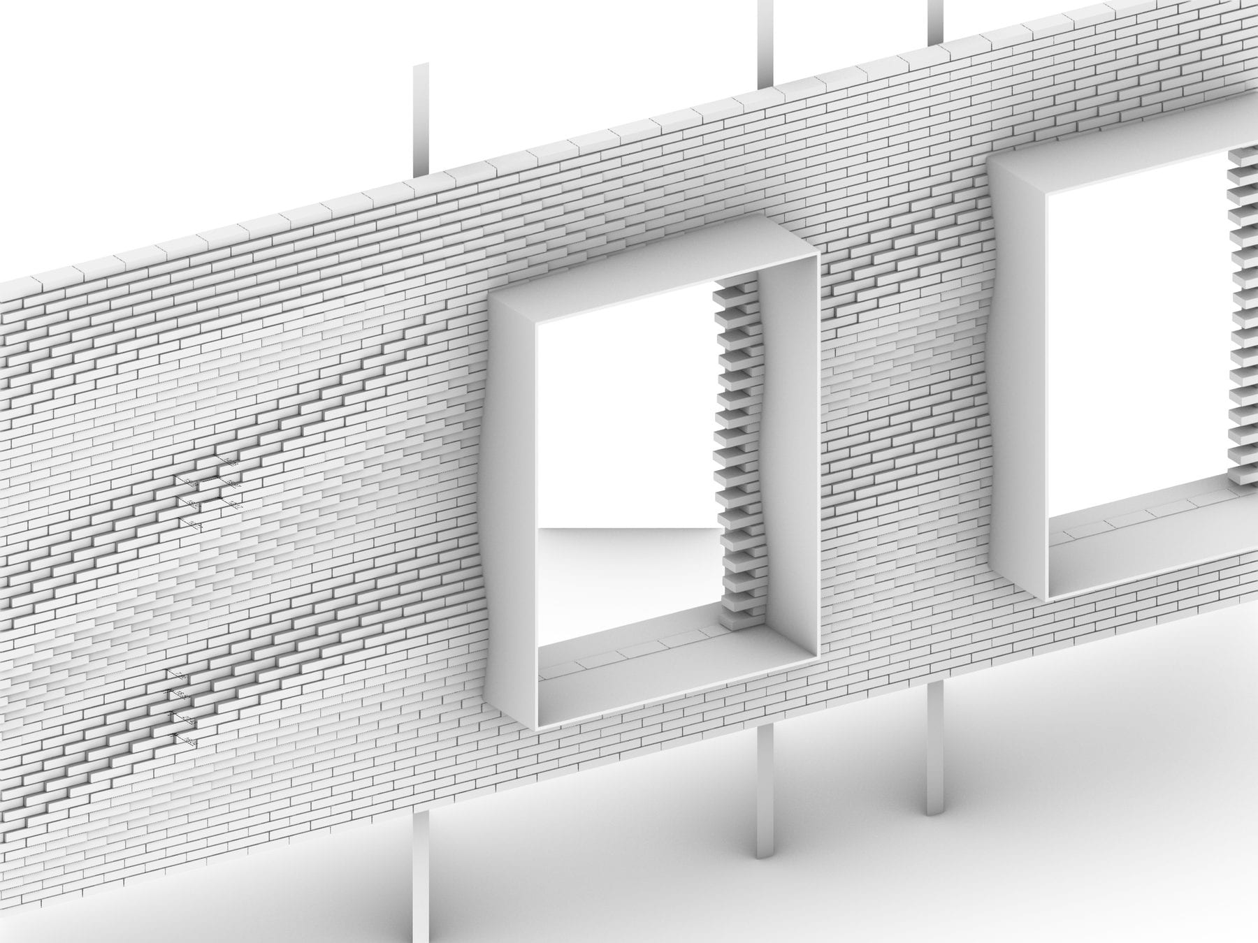Parametric brick infill study around the window openings — white-model render