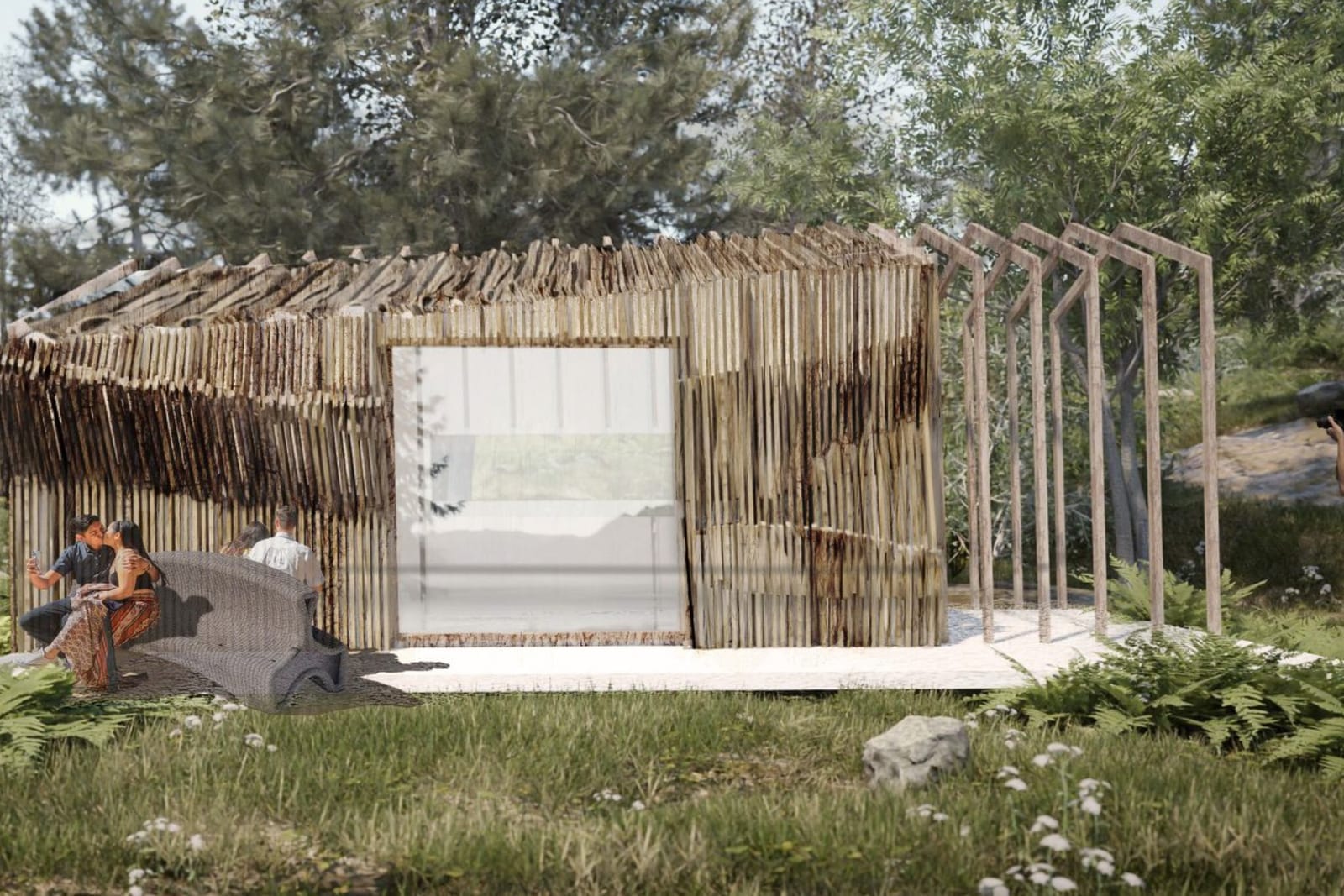 Tiny-home pavilion clad in raw-edge timber slabs in a forest clearing