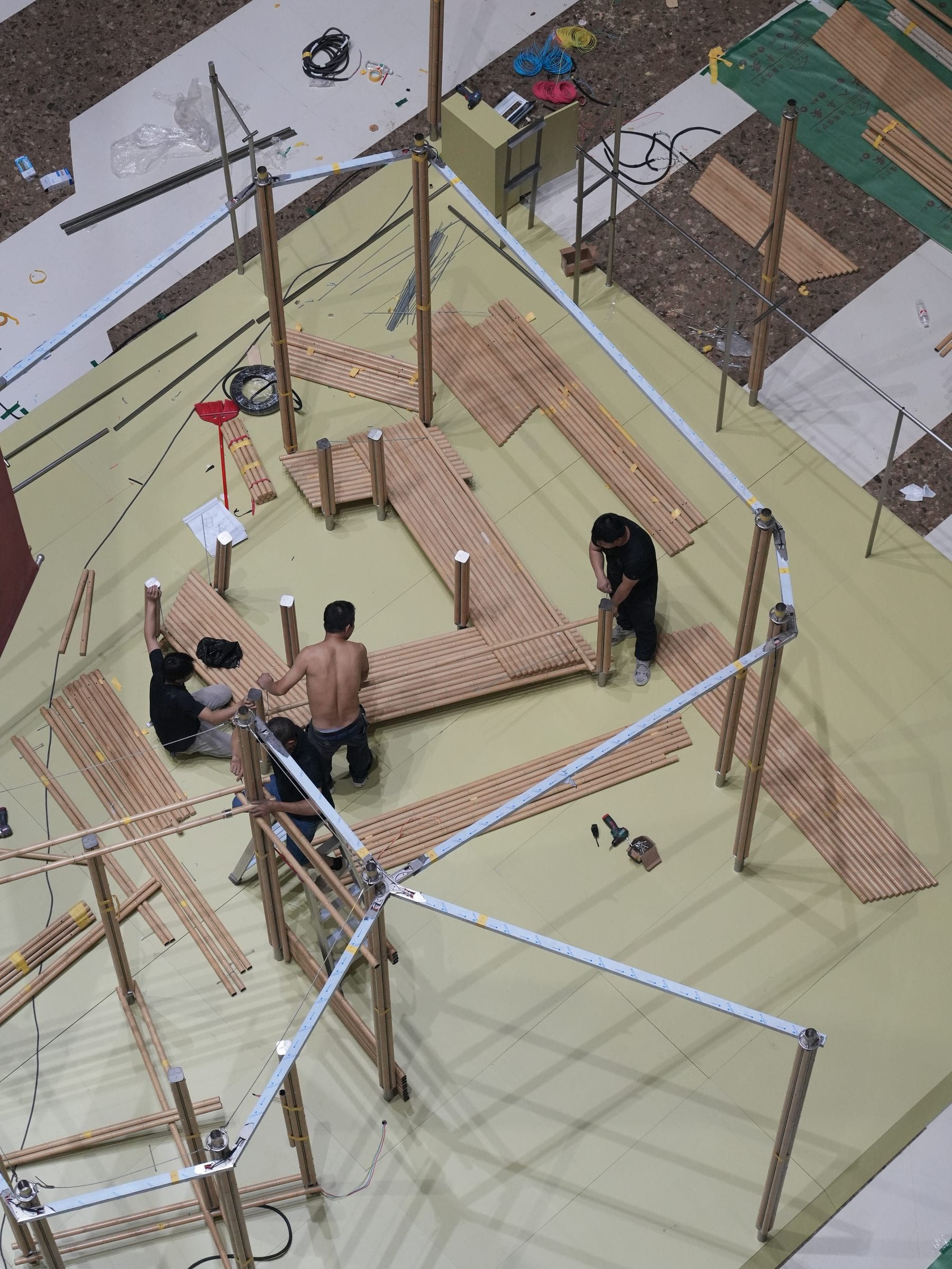 Overnight build of the pavilion frame in the mall atrium