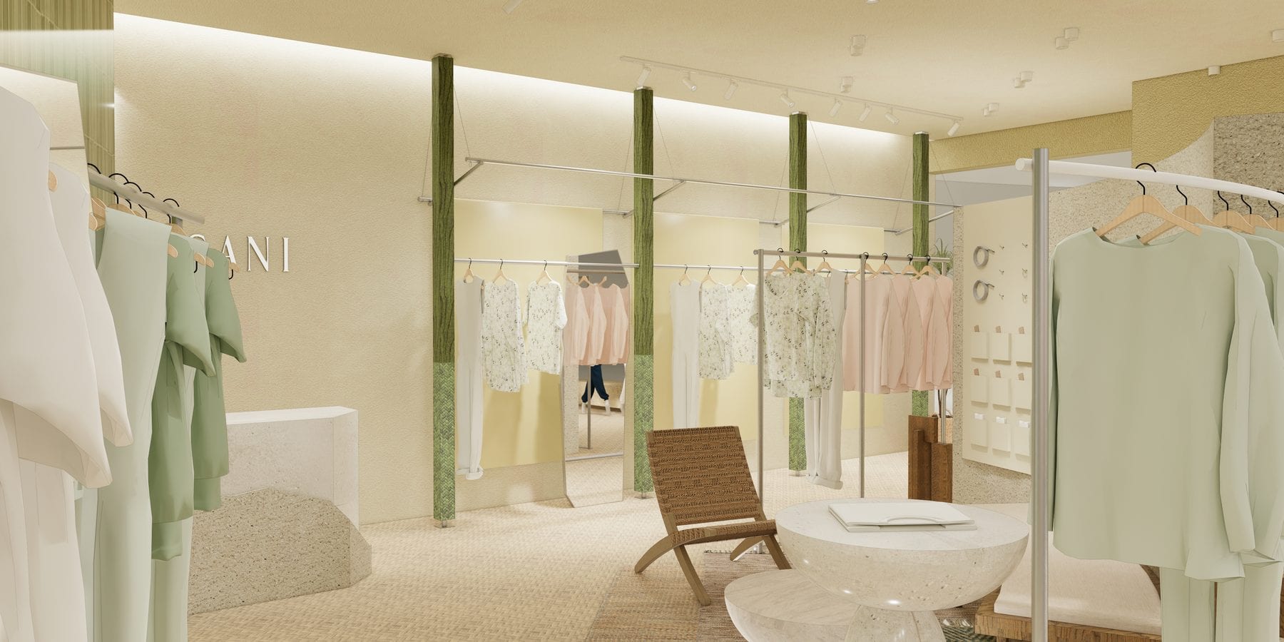 Hanging-rail aisle along the granite display wall