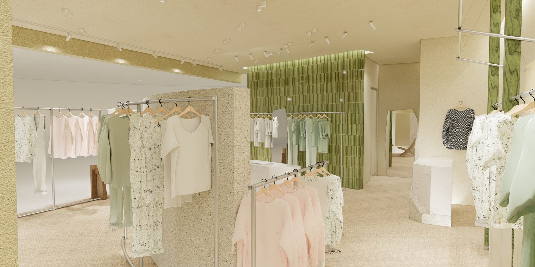 The green glazed-tile wall anchoring the store