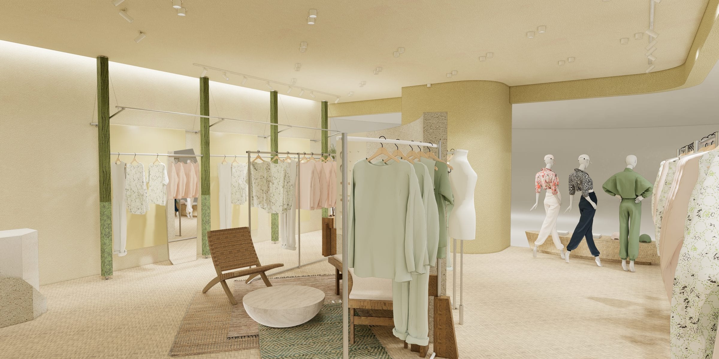 The retail hall with cream walls, granite display wall and green columns