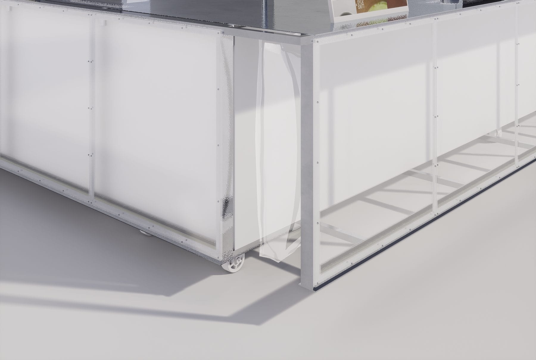 Design render — wheeled stall cart detail