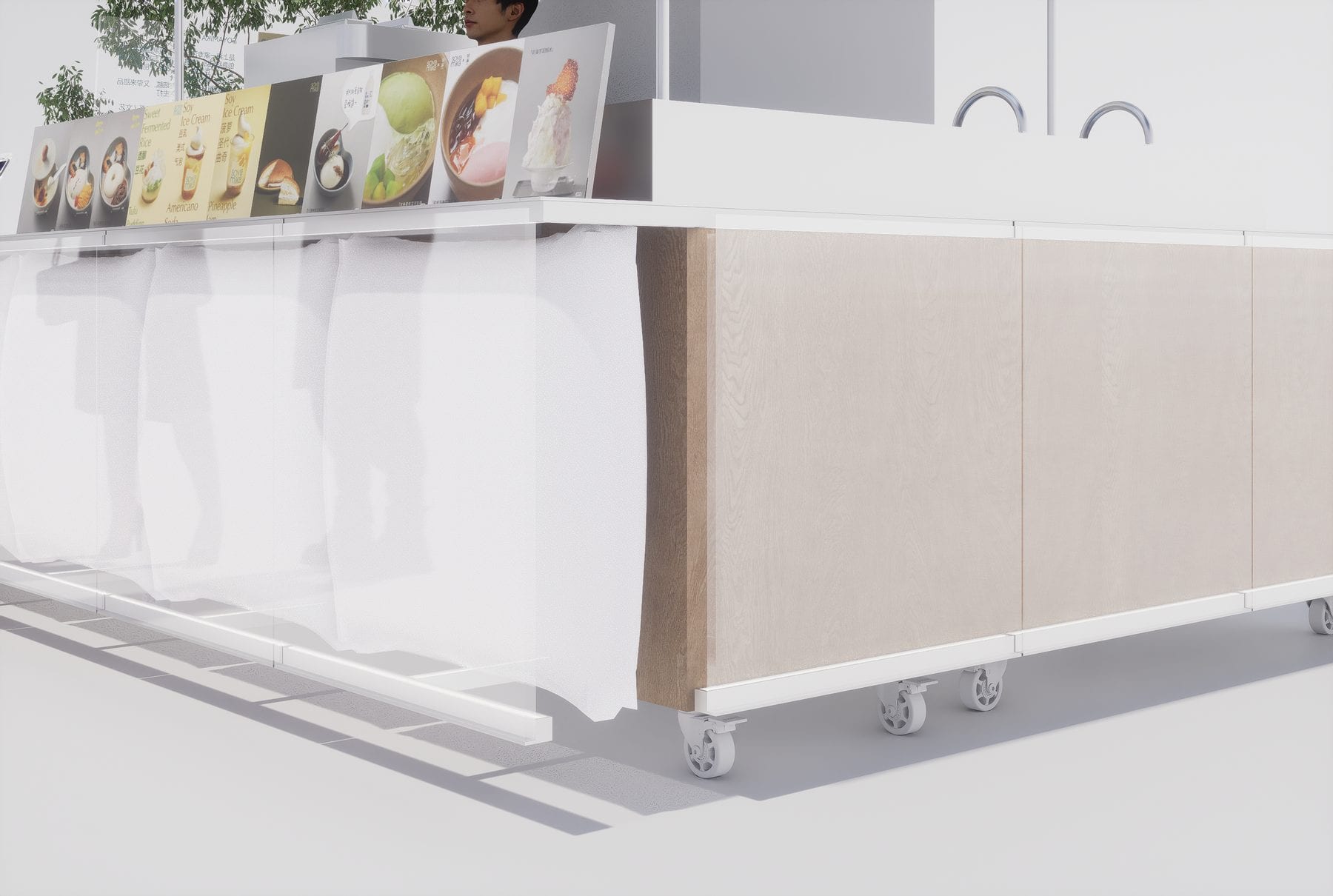 Design render — stall with menu boards and curtain