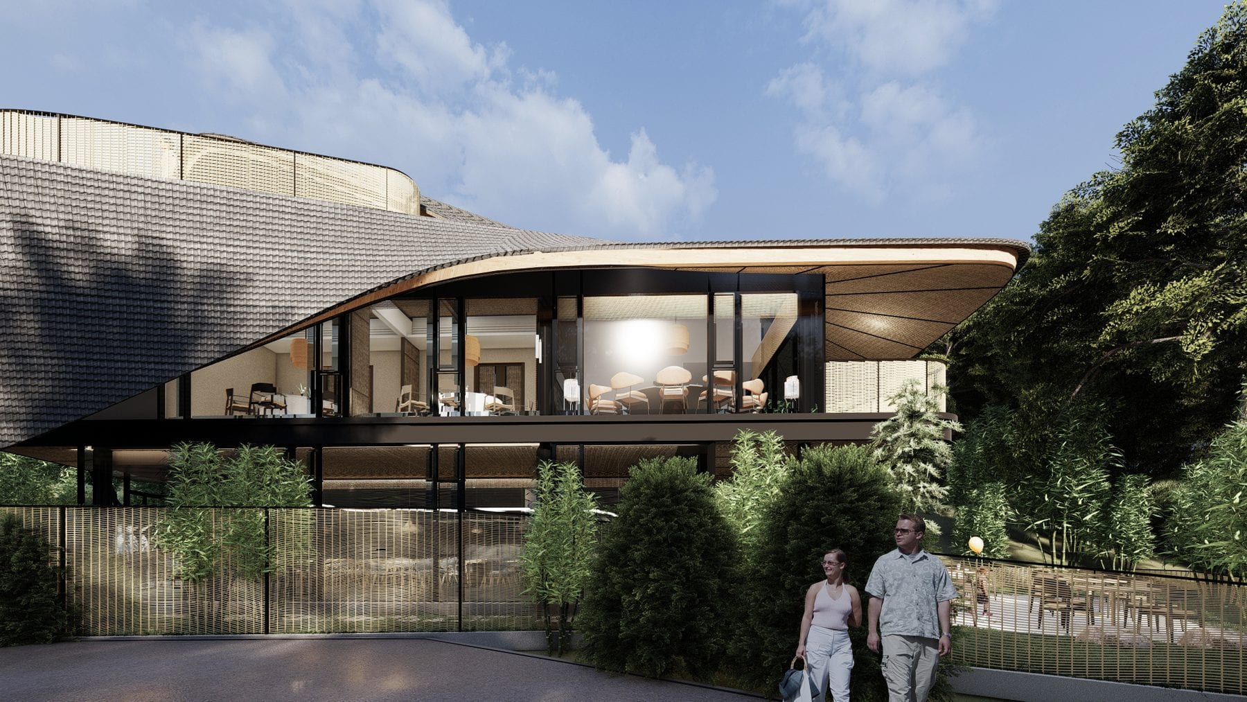 Dining pavilion exterior — curved roof and woven timber skin along the approach