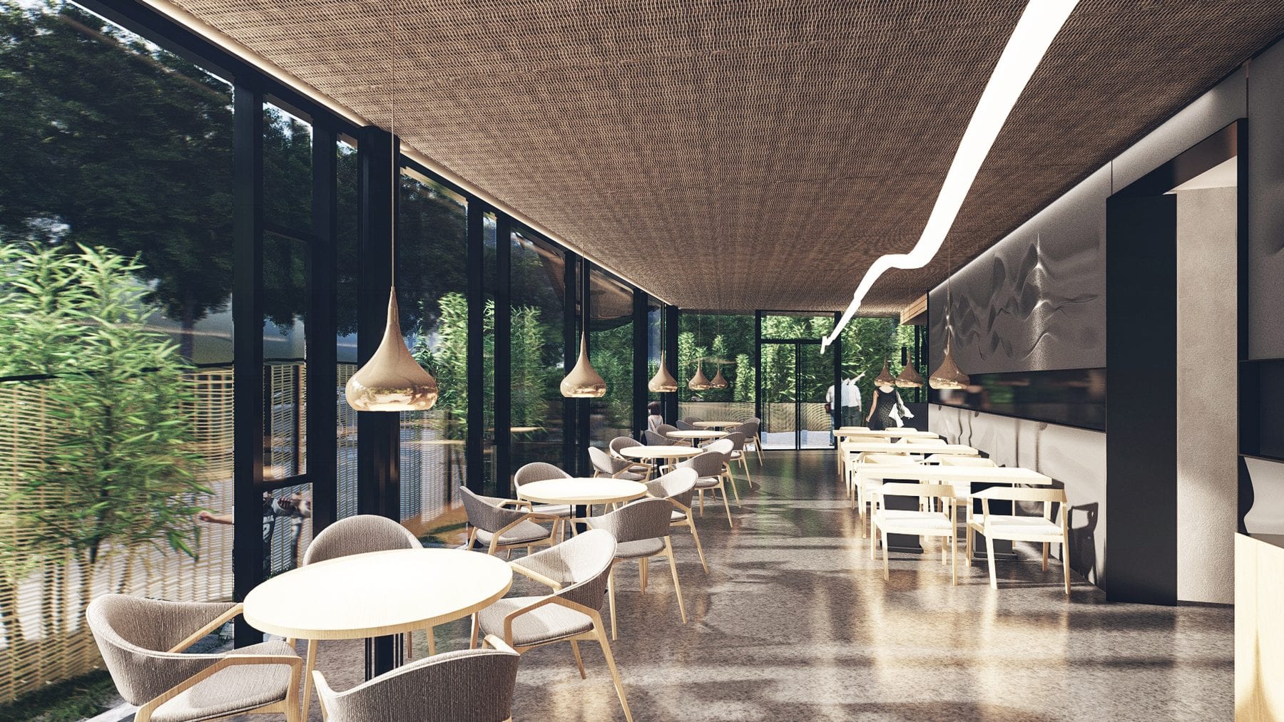Main dining hall interior with woven ceiling and pendant lamps