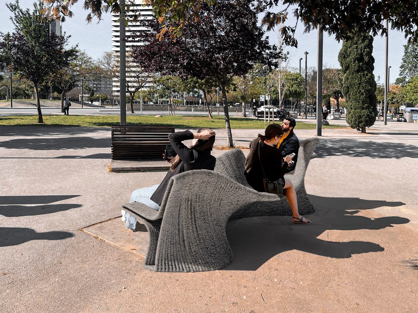 Bench rendering — sculpted concrete seating wave