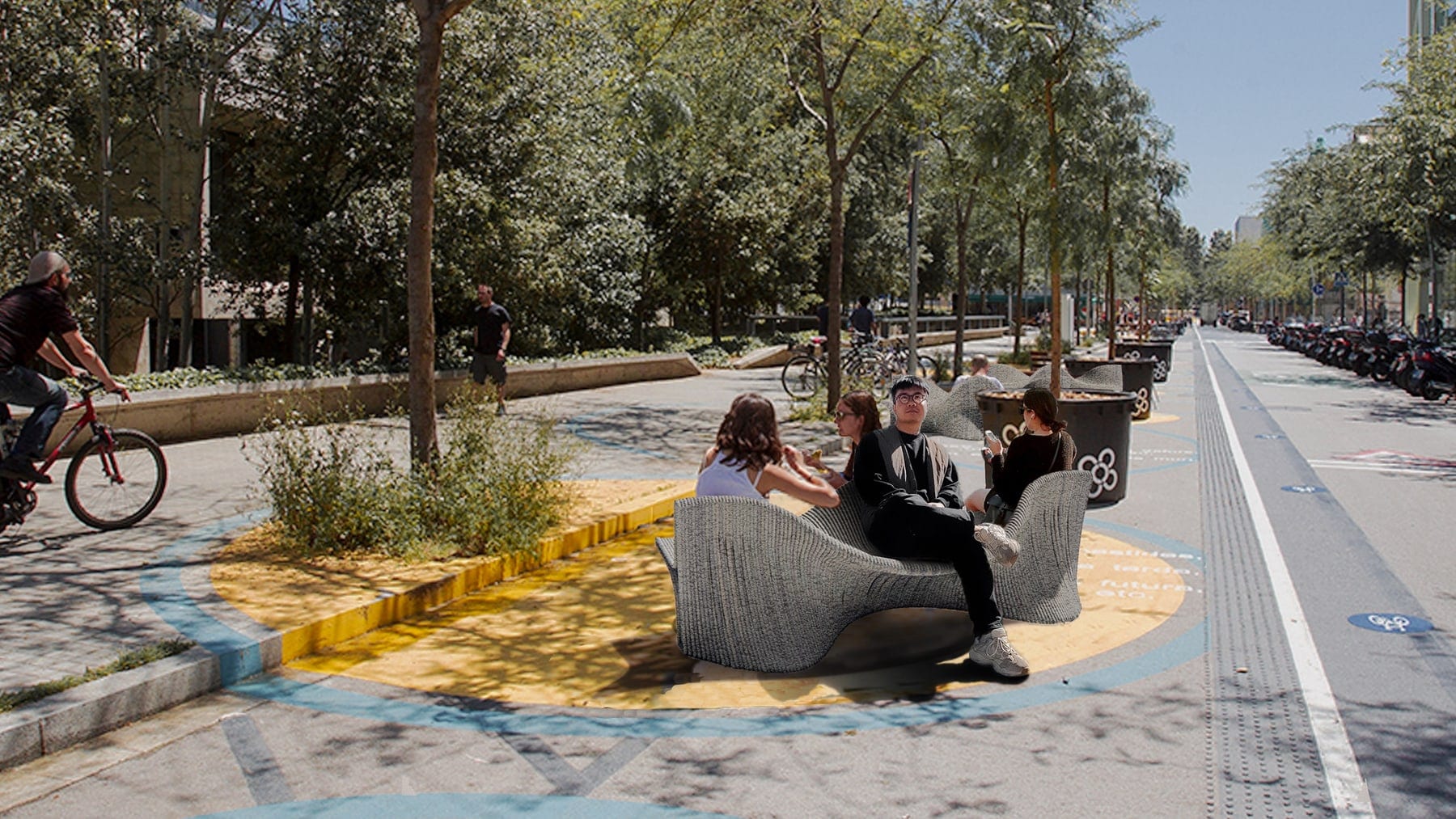 Bench in a Barcelona tree-lined bike lane, in use
