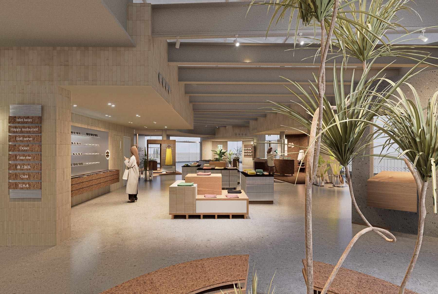 Render of the high retail hall with indoor palms