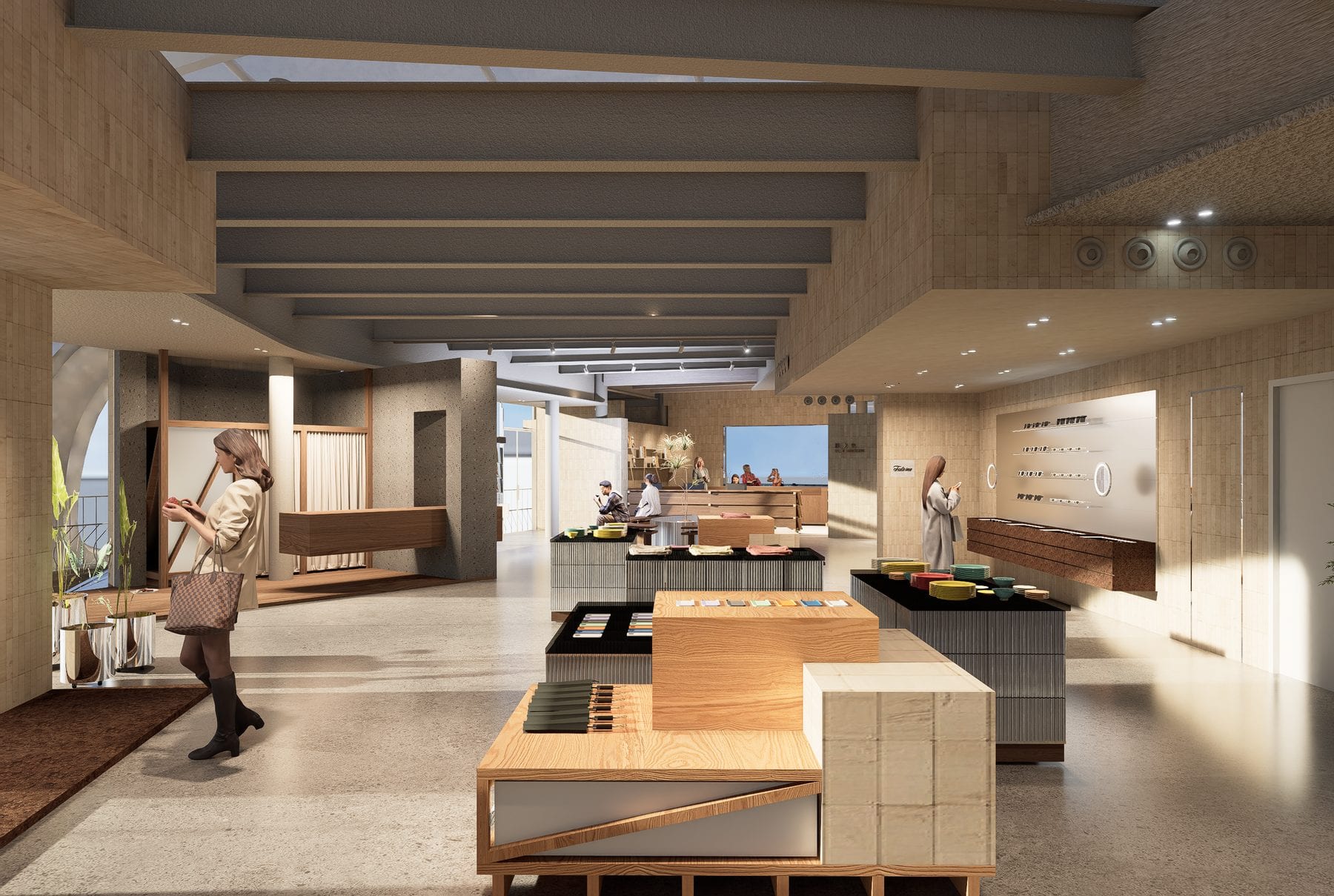 Render of a retail unit interior with timber shelving
