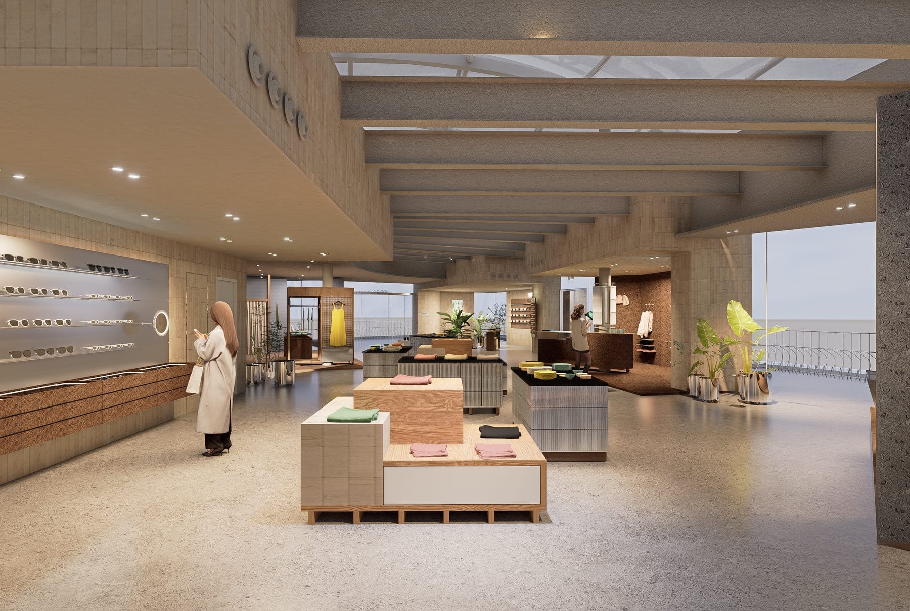 Render of the wide hall towards the entrance