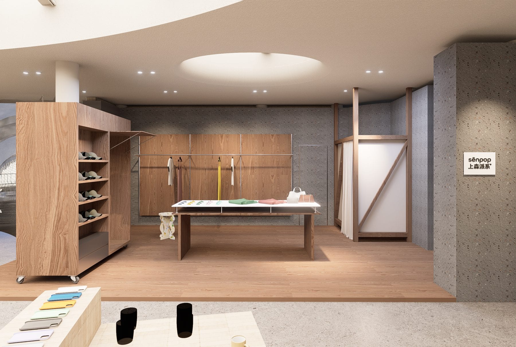 Render of the socks-and-accessories shop with an oval ceiling cove