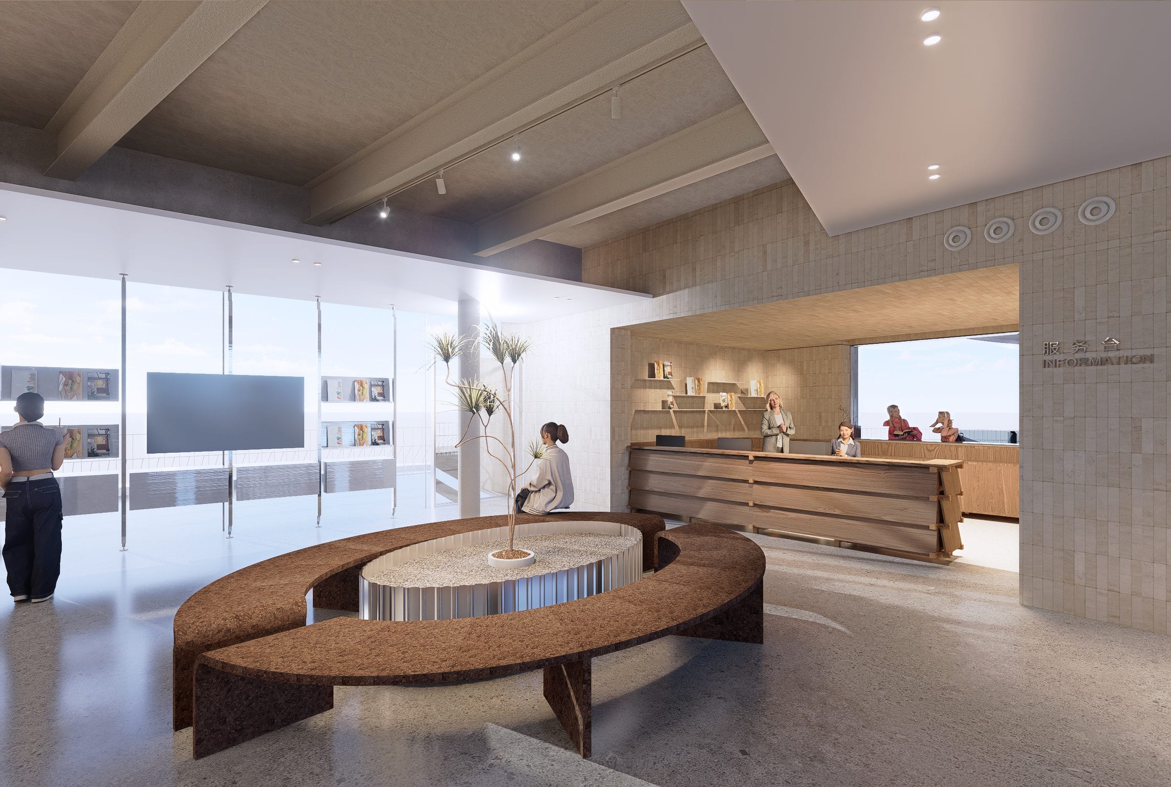 Render of the information counter with a curved timber bench around a planter