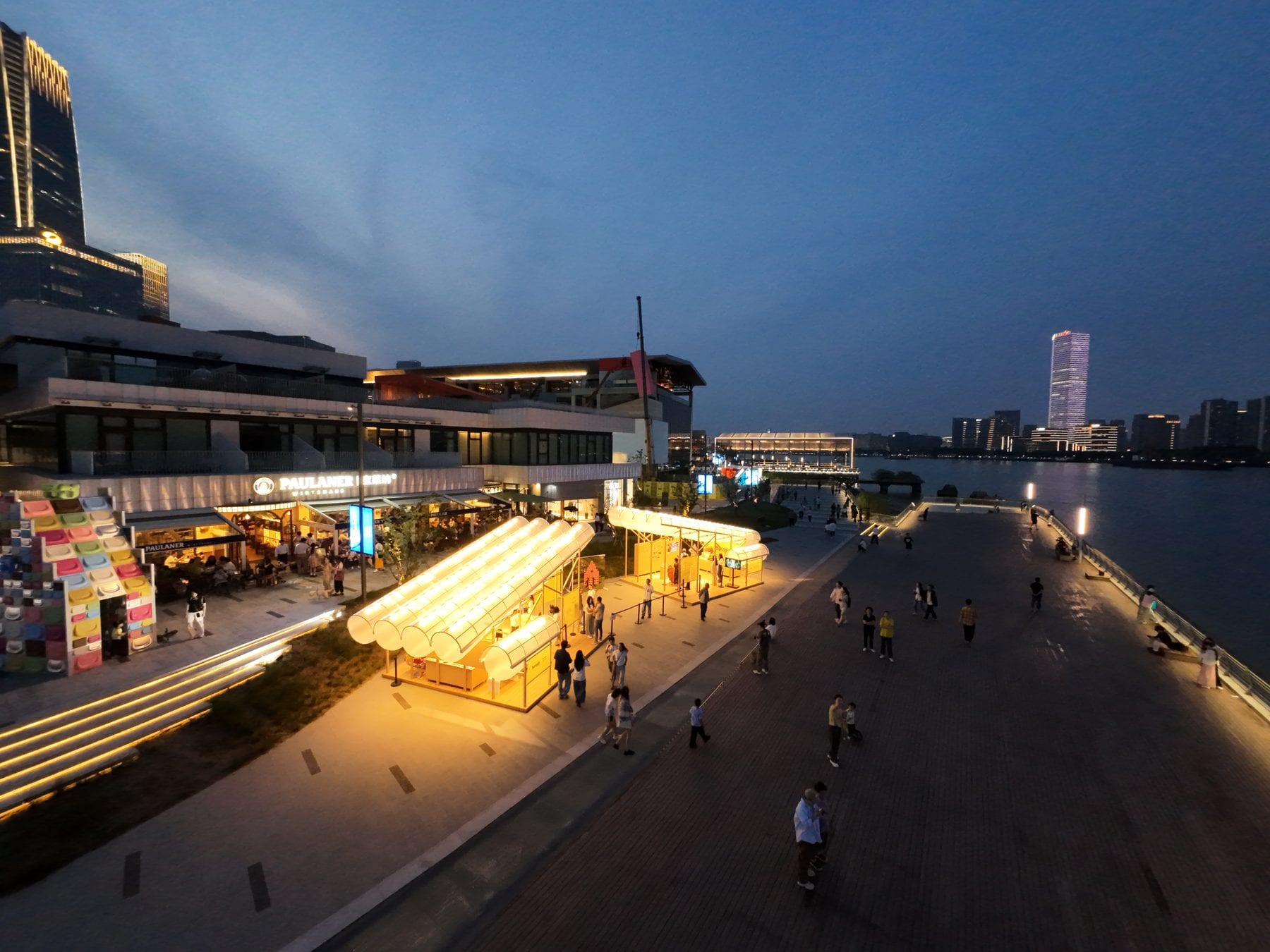 Night drone view of the pavilions on the retail street