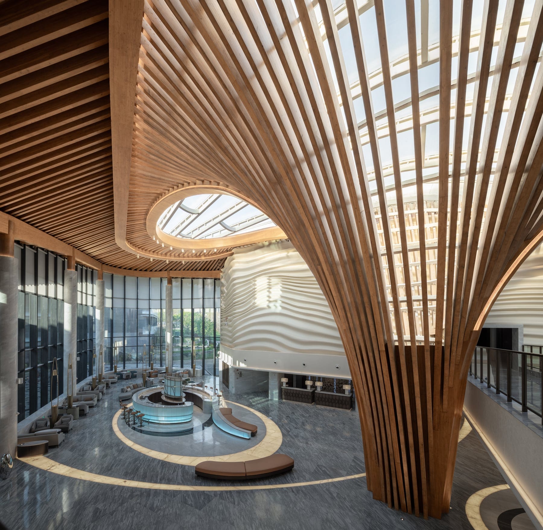 Woven timber hall — panoramic interior
