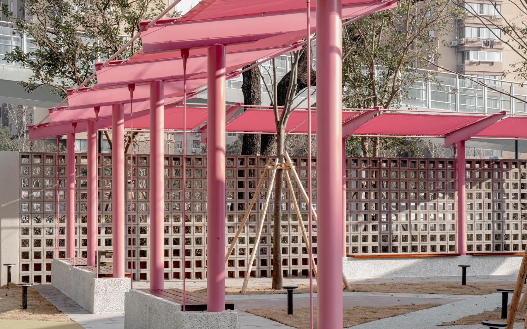 Pergola bays with integrated bench seating
