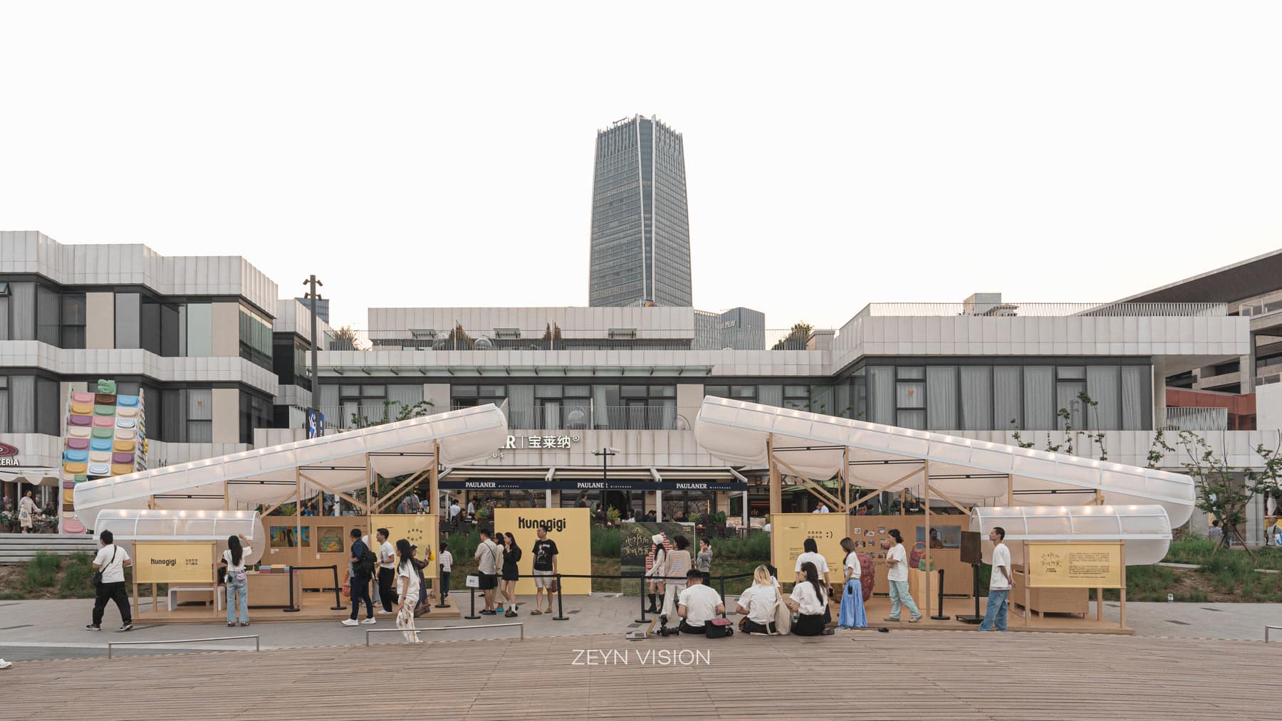 The riverside promenade with the twin pavilions