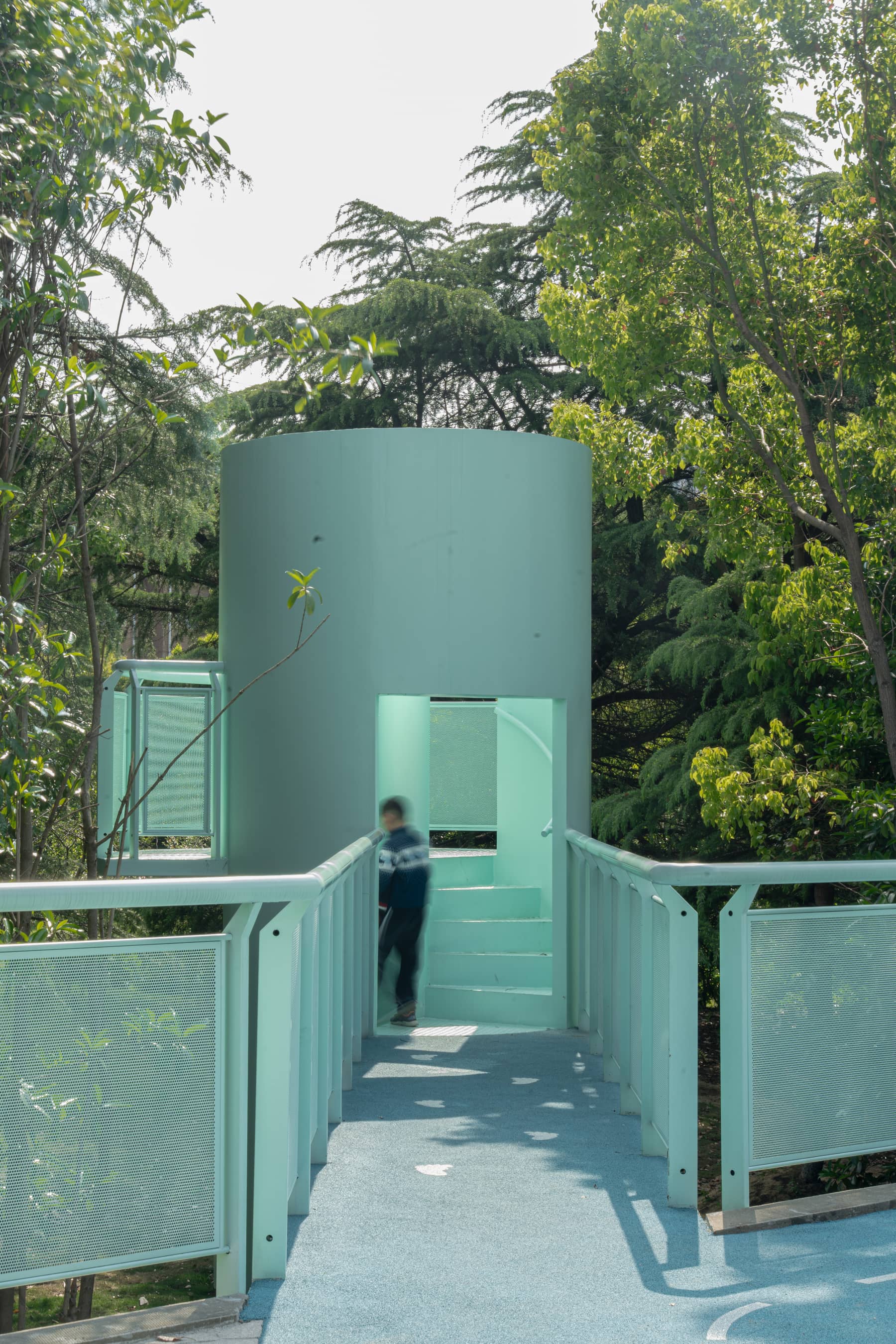 A spiral-stair lookout tower on site