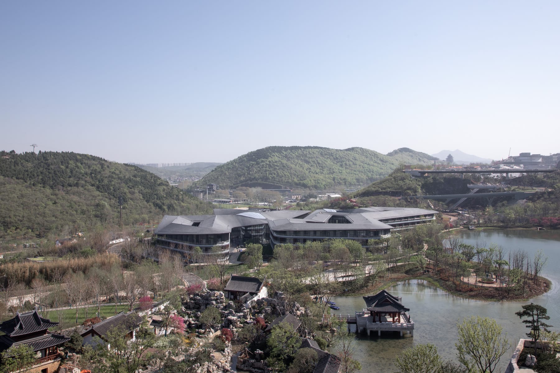 Aerial view across the expo park lake