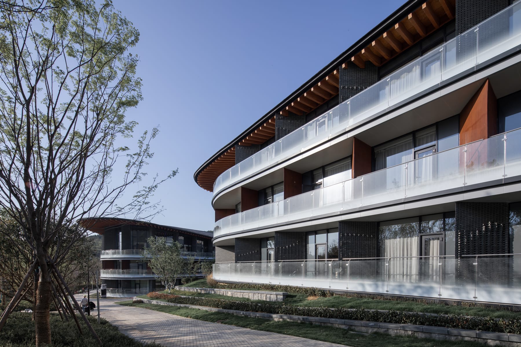 Balcony bands and timber eave of the guestroom wing