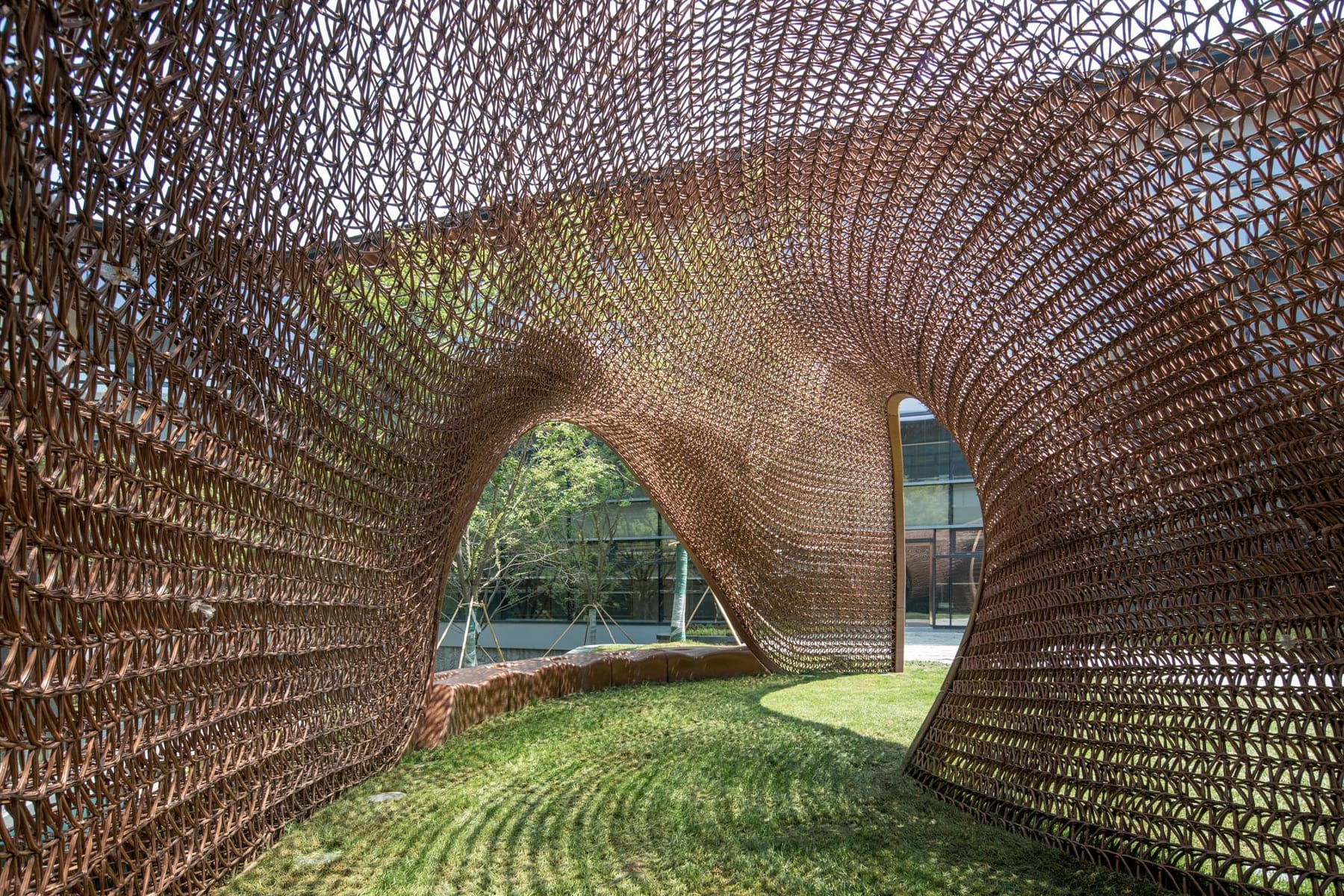 Bamboo-woven tunnel pavilion in the park