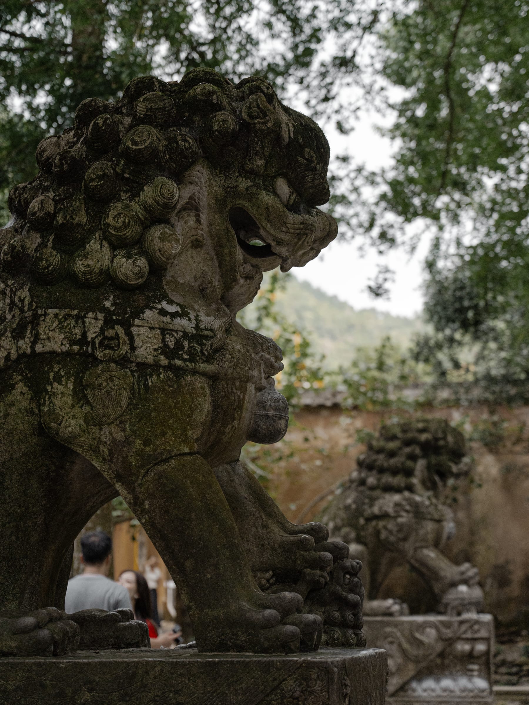 Weathered stone carvings on the temple cliff