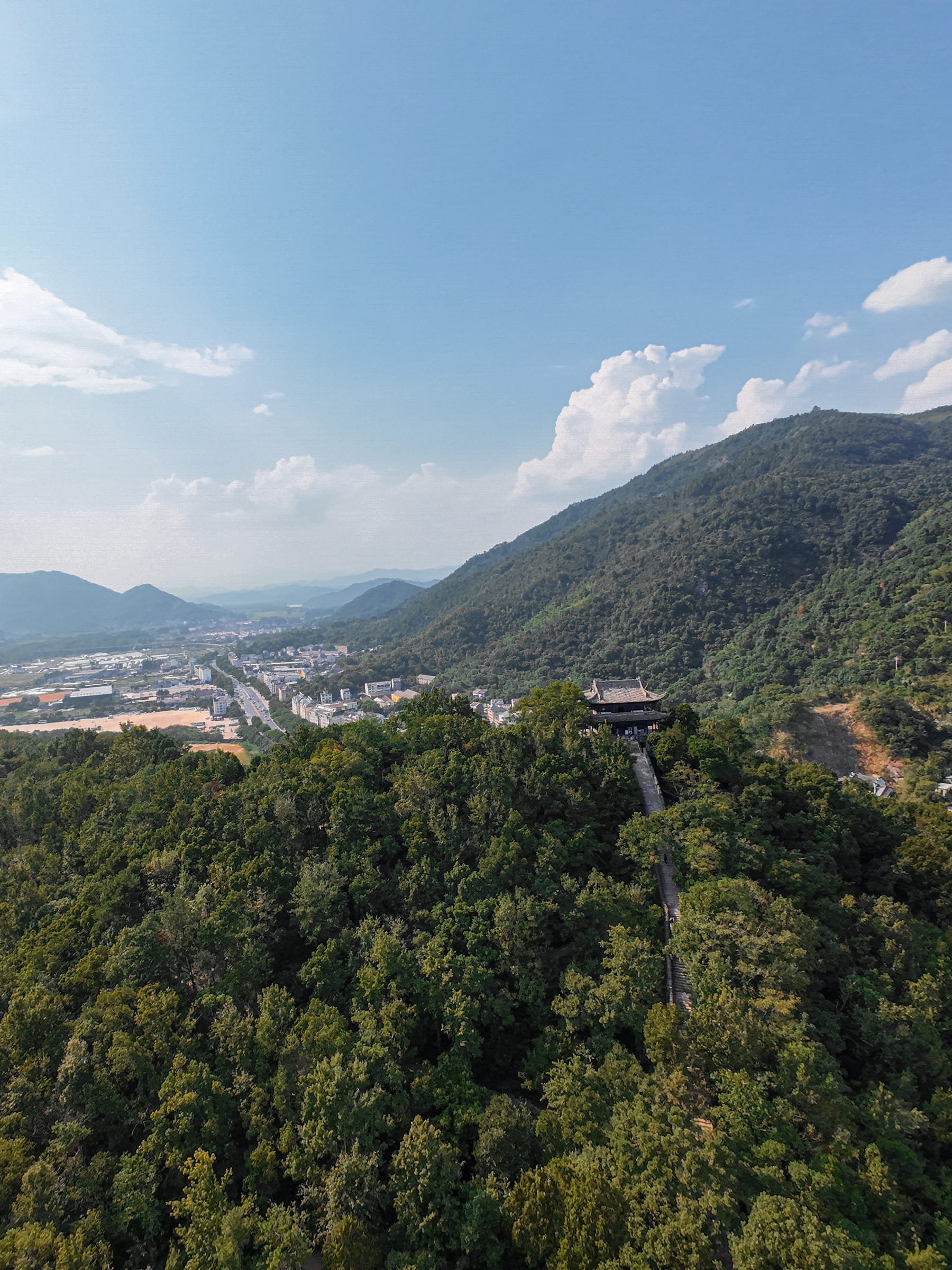 Aerial view over the forested valley and its pagoda