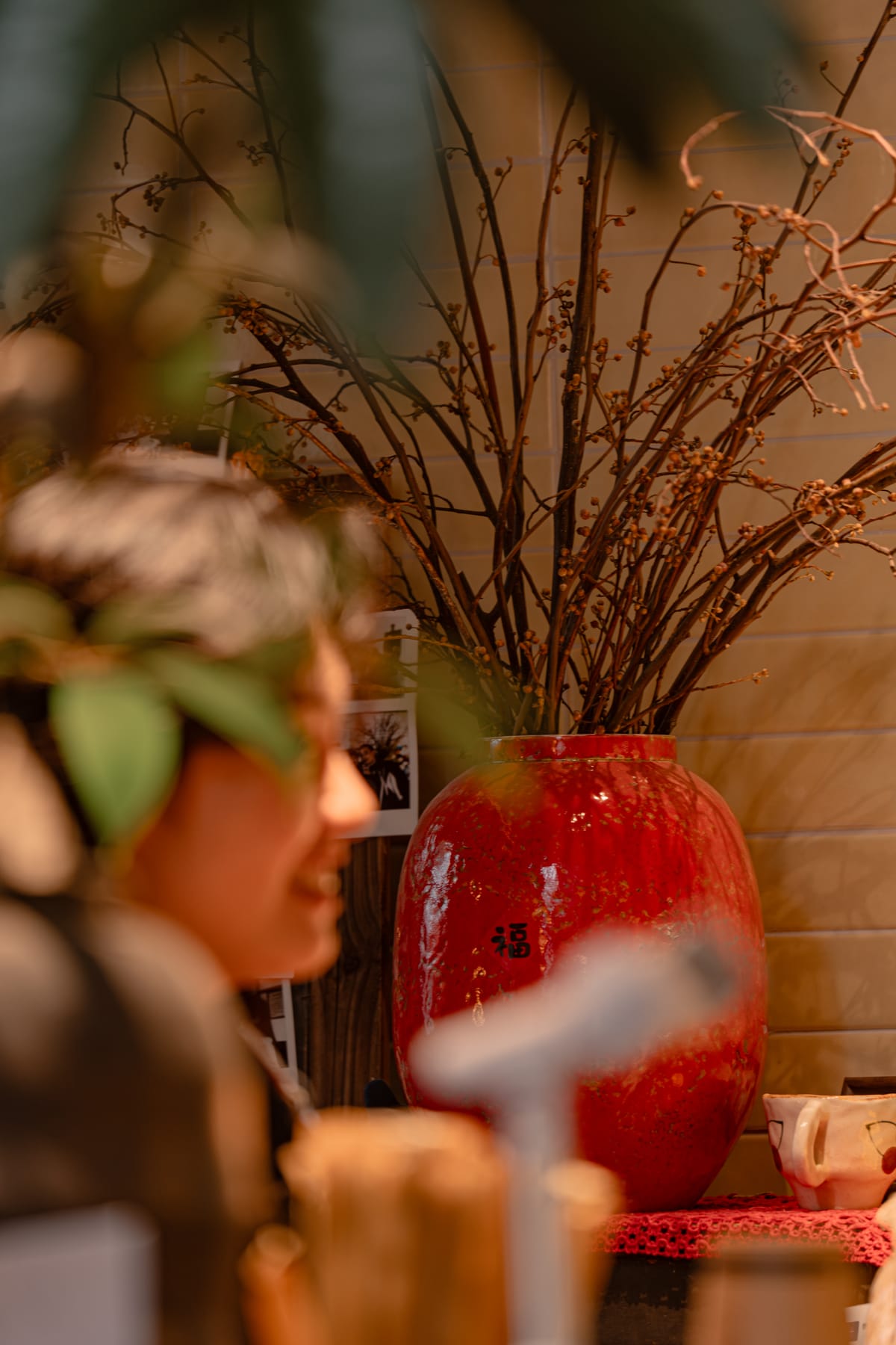 Red vase with winter branches